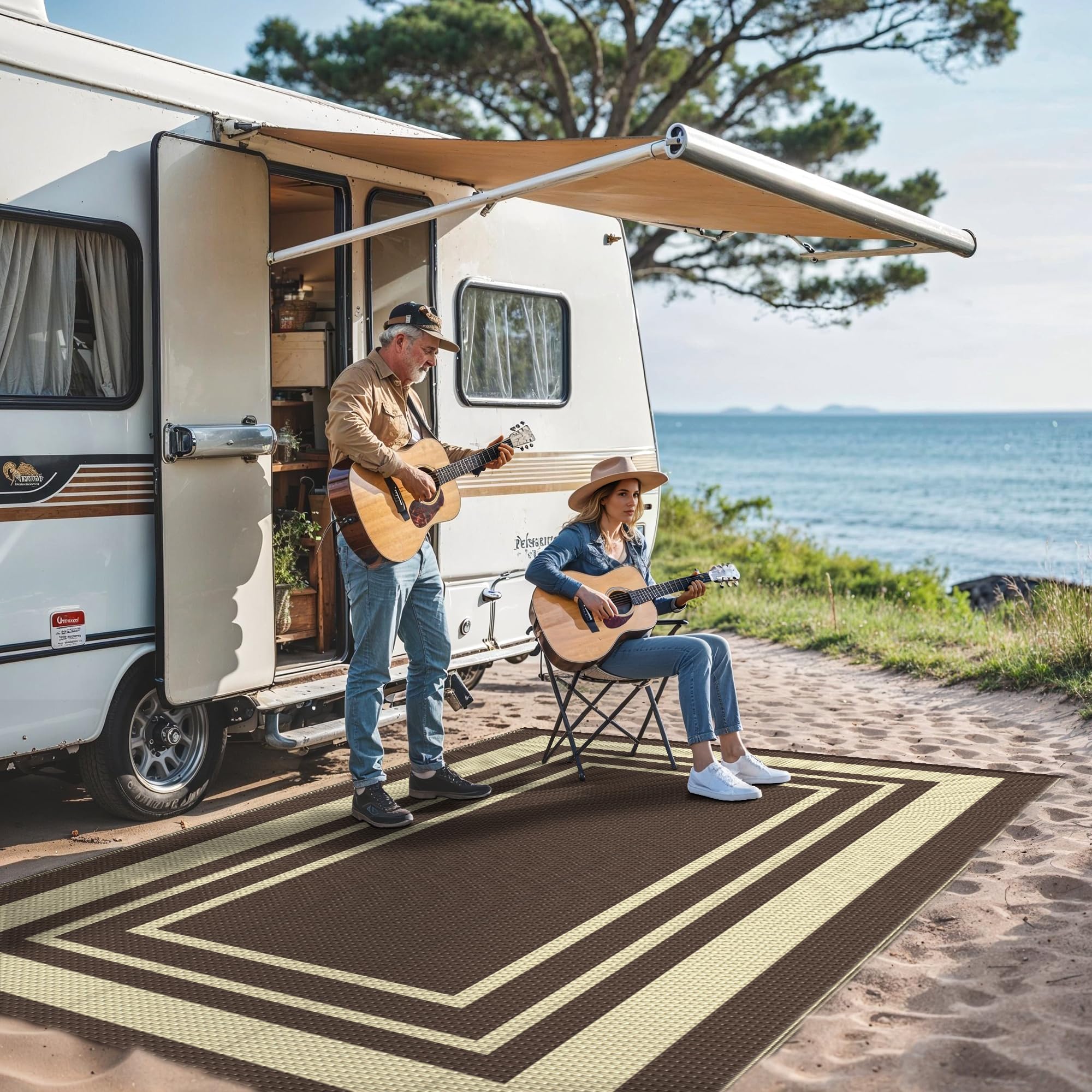 GENIMO Outdoor Rug 6'x9' mocha beige in camping setting