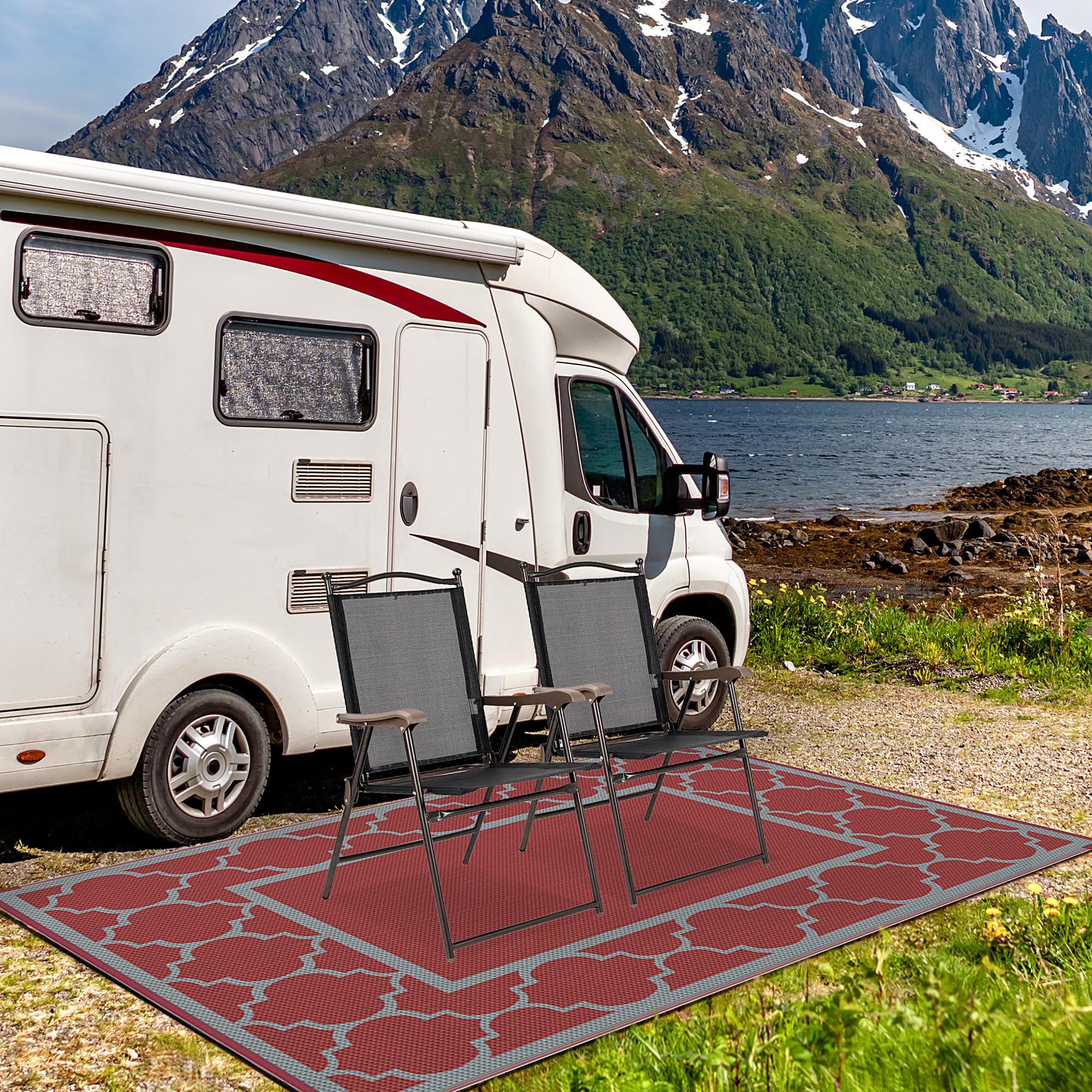 GENIMO Outdoor Rug 6'x9' red grey rolled up for storage