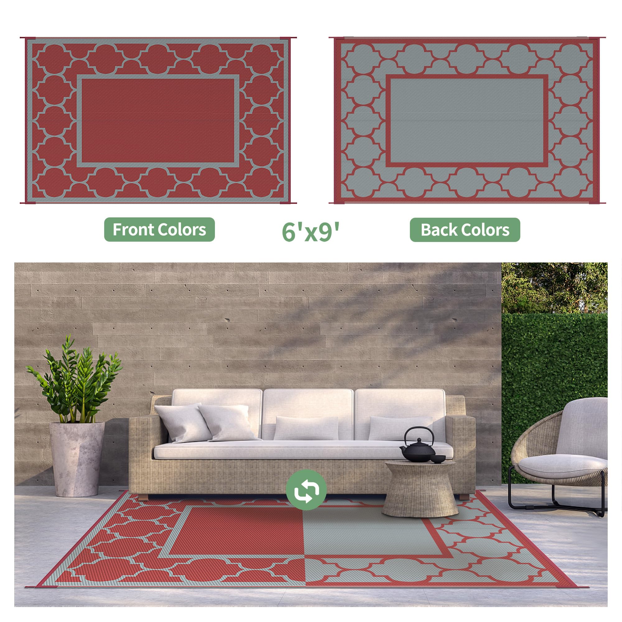 GENIMO Outdoor Rug 6'x9' red grey with patio furniture