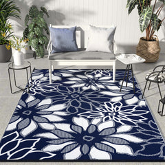 GENIMO Outdoor Rug, 6'x9' Sapphire White palm leaf design front view