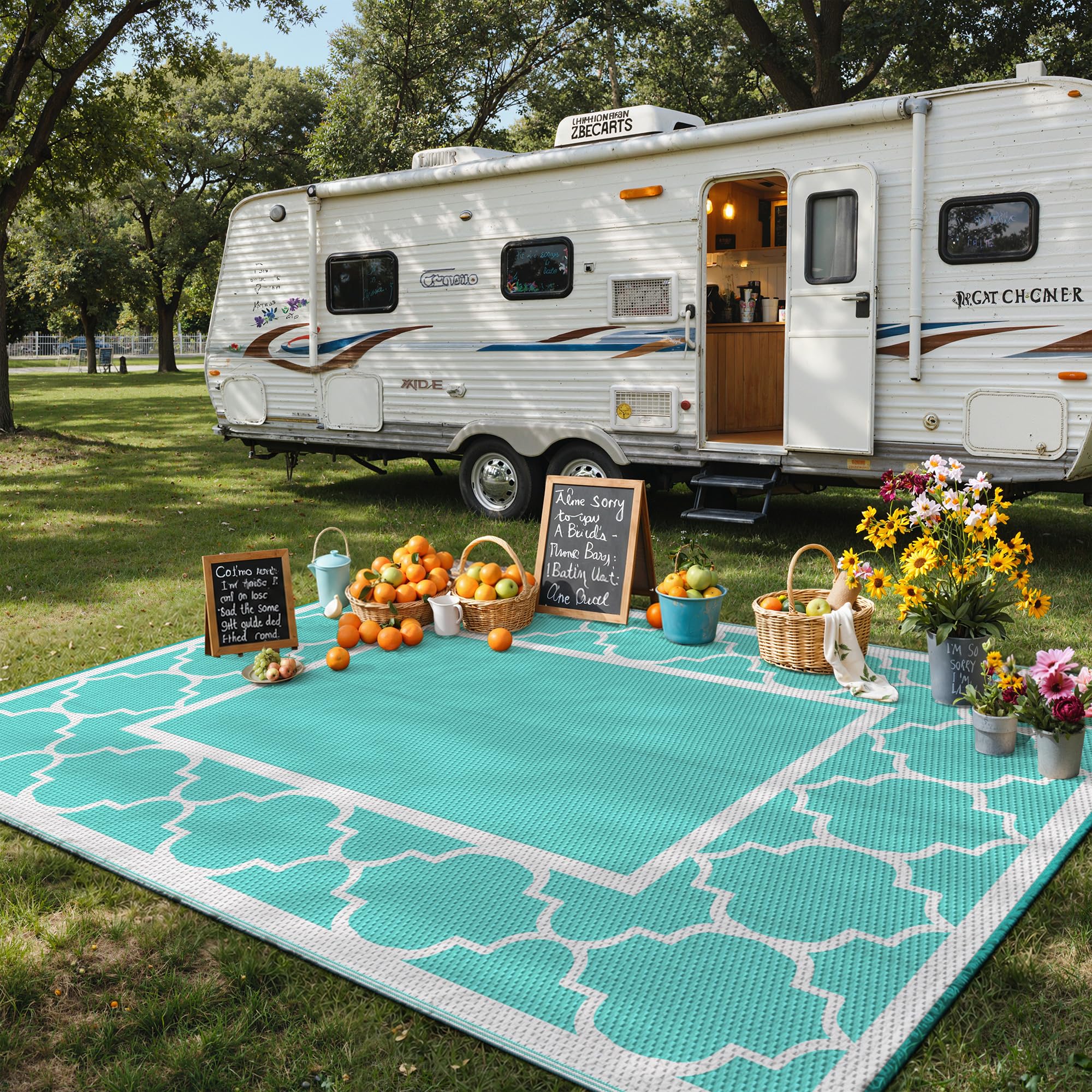 GENIMO Outdoor Rug 8'x10' Aqua Blue in outdoor setting