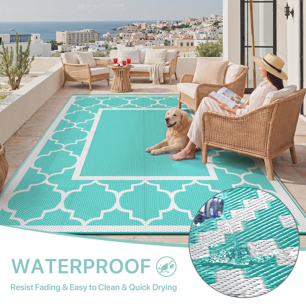 GENIMO Outdoor Rug 8'x10' Aqua Blue on deck