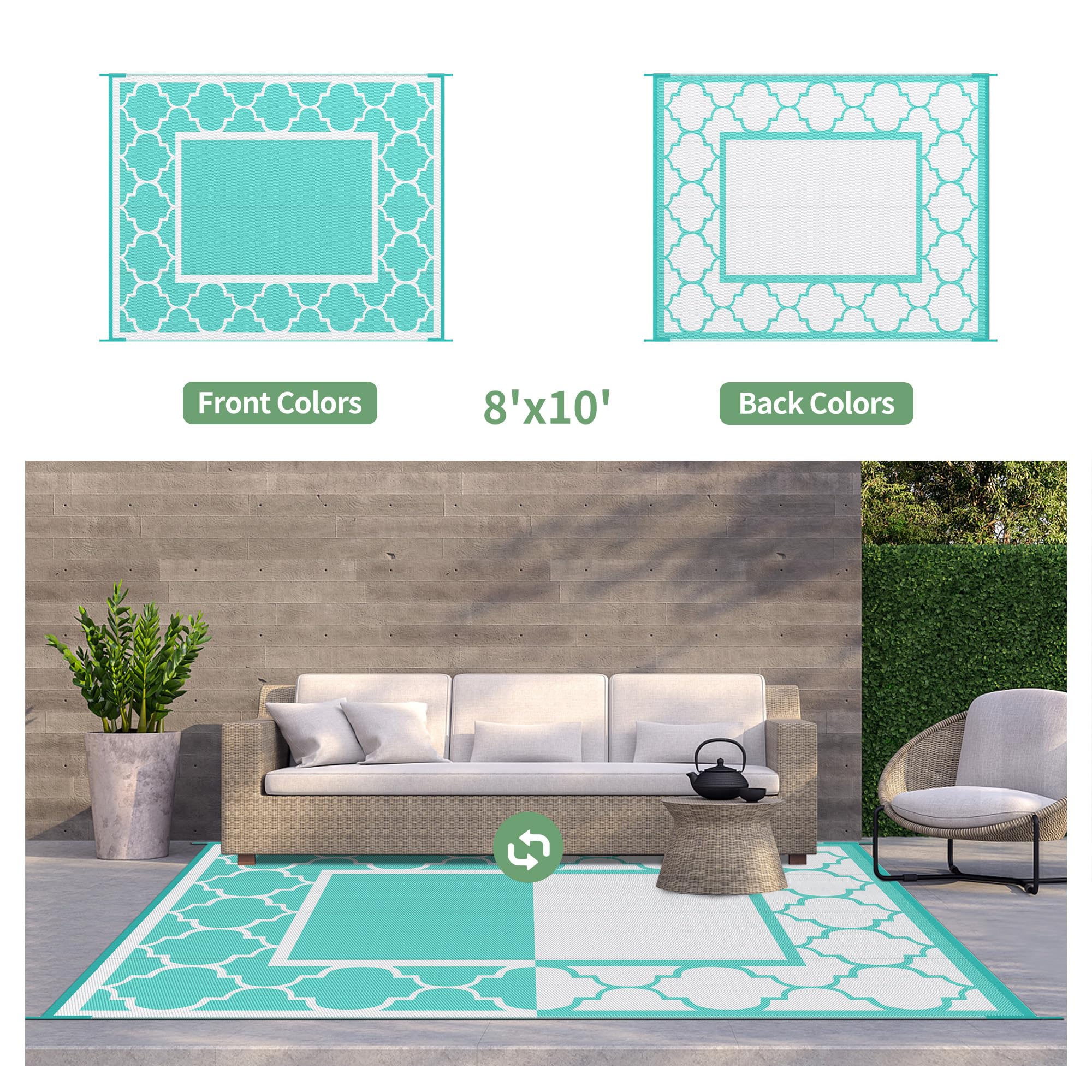 GENIMO Outdoor Rug 8'x10' Aqua Blue rolled up