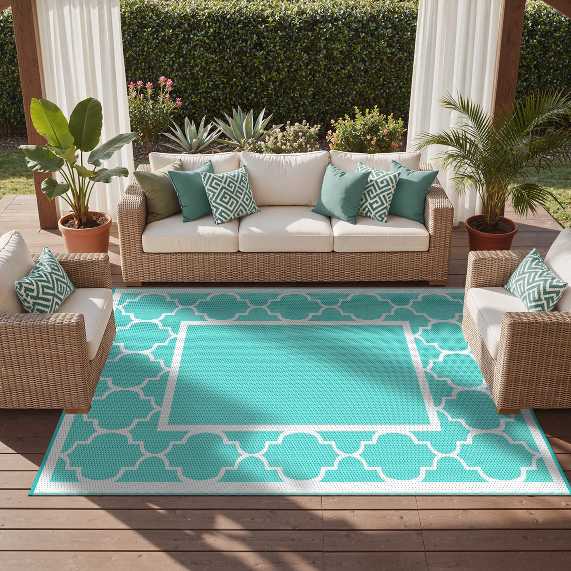 GENIMO Outdoor Rug 8'x10' Aqua Blue with patio furniture