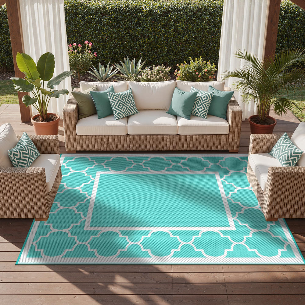 GENIMO Outdoor Rug 8'x10' Aqua Blue with patio furniture