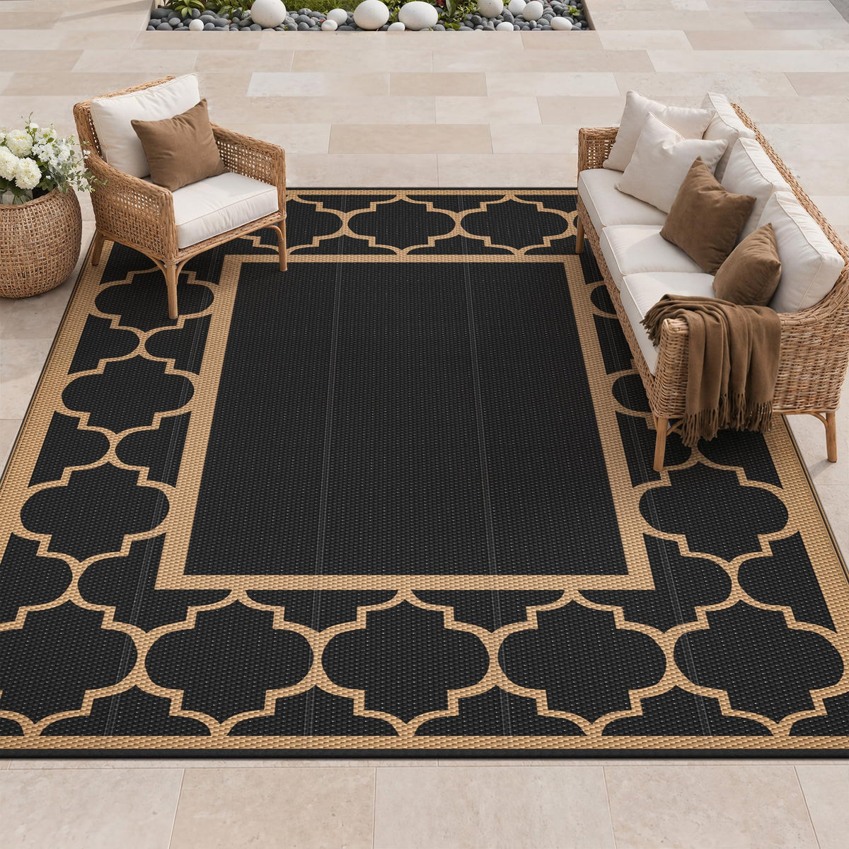 GENIMO Outdoor Rug 8'x10' black and brown pattern front view
