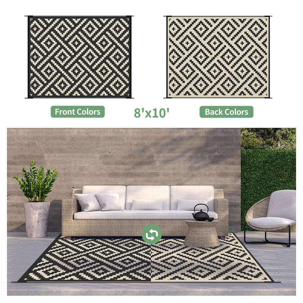 GENIMO Outdoor Rug 8'x10' black beige folded with carry bag