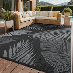 GENIMO Outdoor Rug 8'x10' Black Grey palm leaf design front view