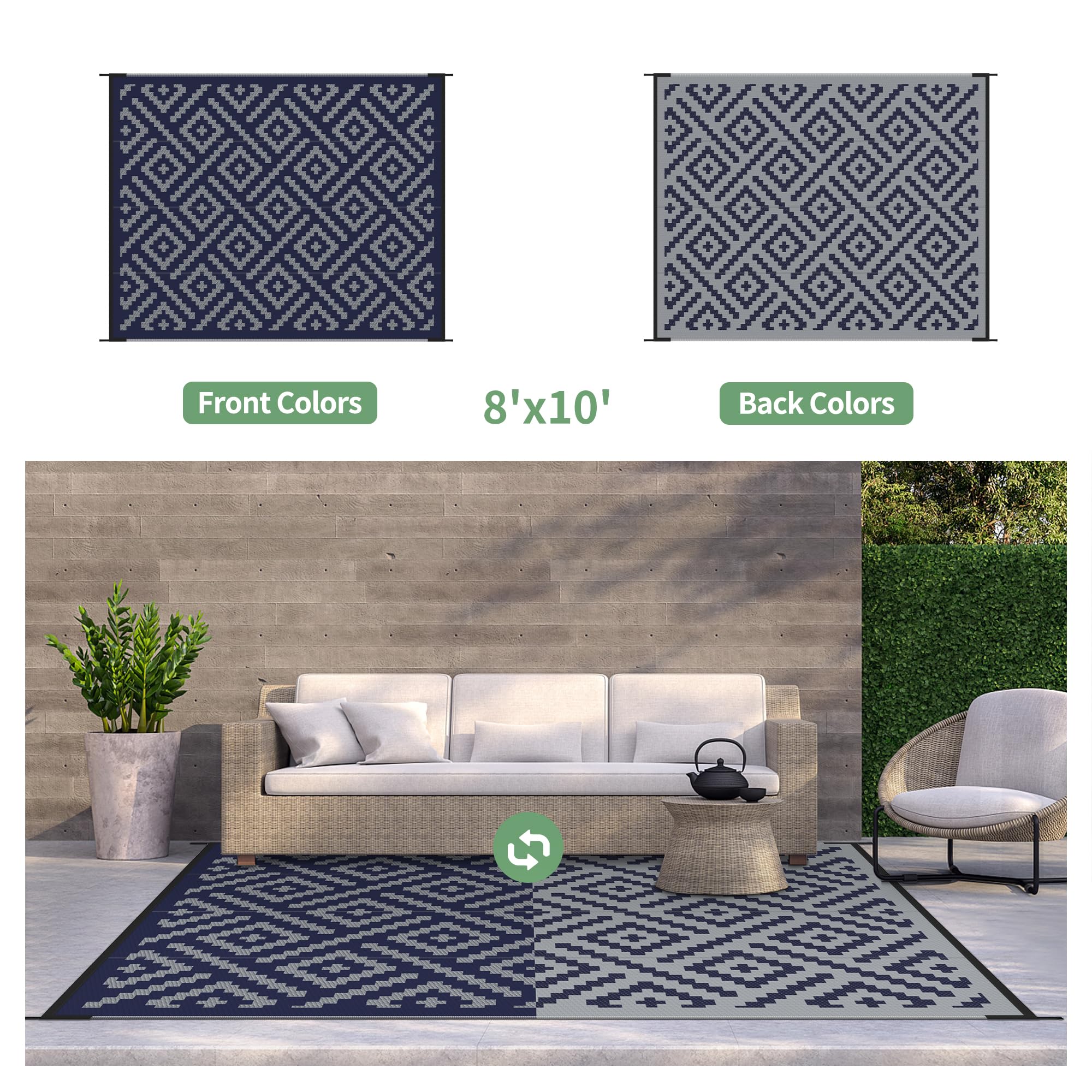GENIMO Outdoor Rug 8'x10' blue grey on patio setting
