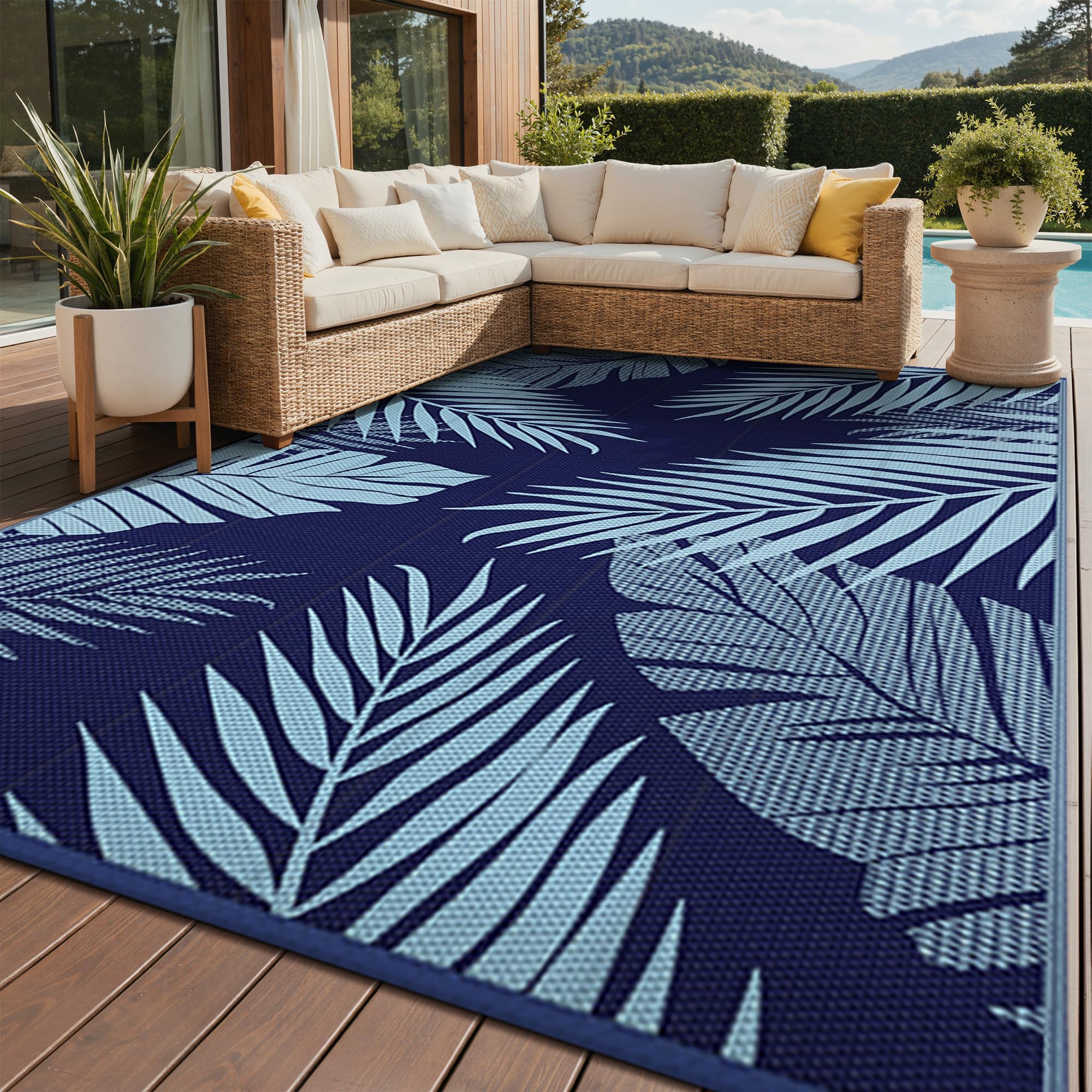 GENIMO Outdoor Rug 8'x10' blue with palm leaf design