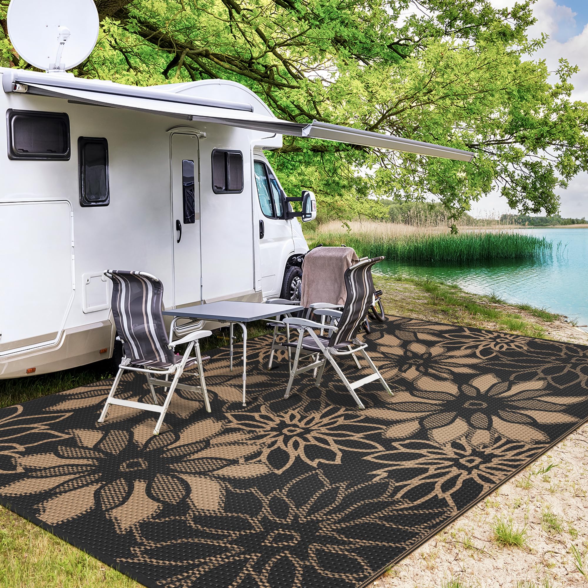 GENIMO Outdoor Rug 8'x10' Onyx Brown in outdoor setting