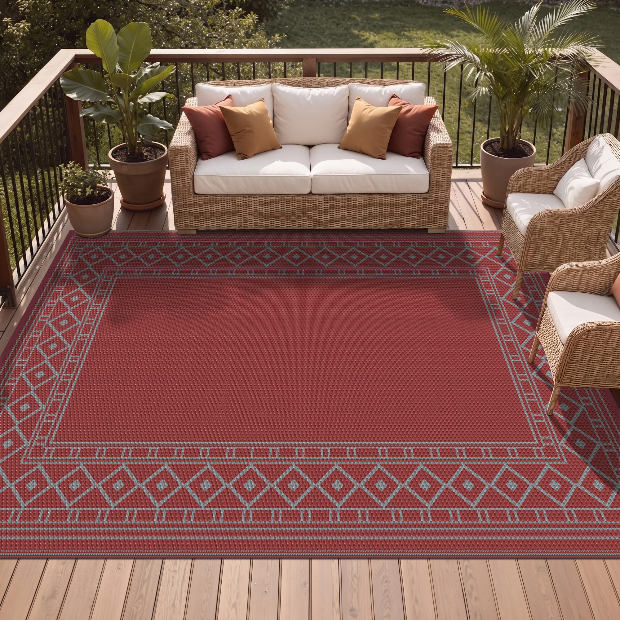 GENIMO Outdoor Rug 8'x10' Red Grey folded for storage