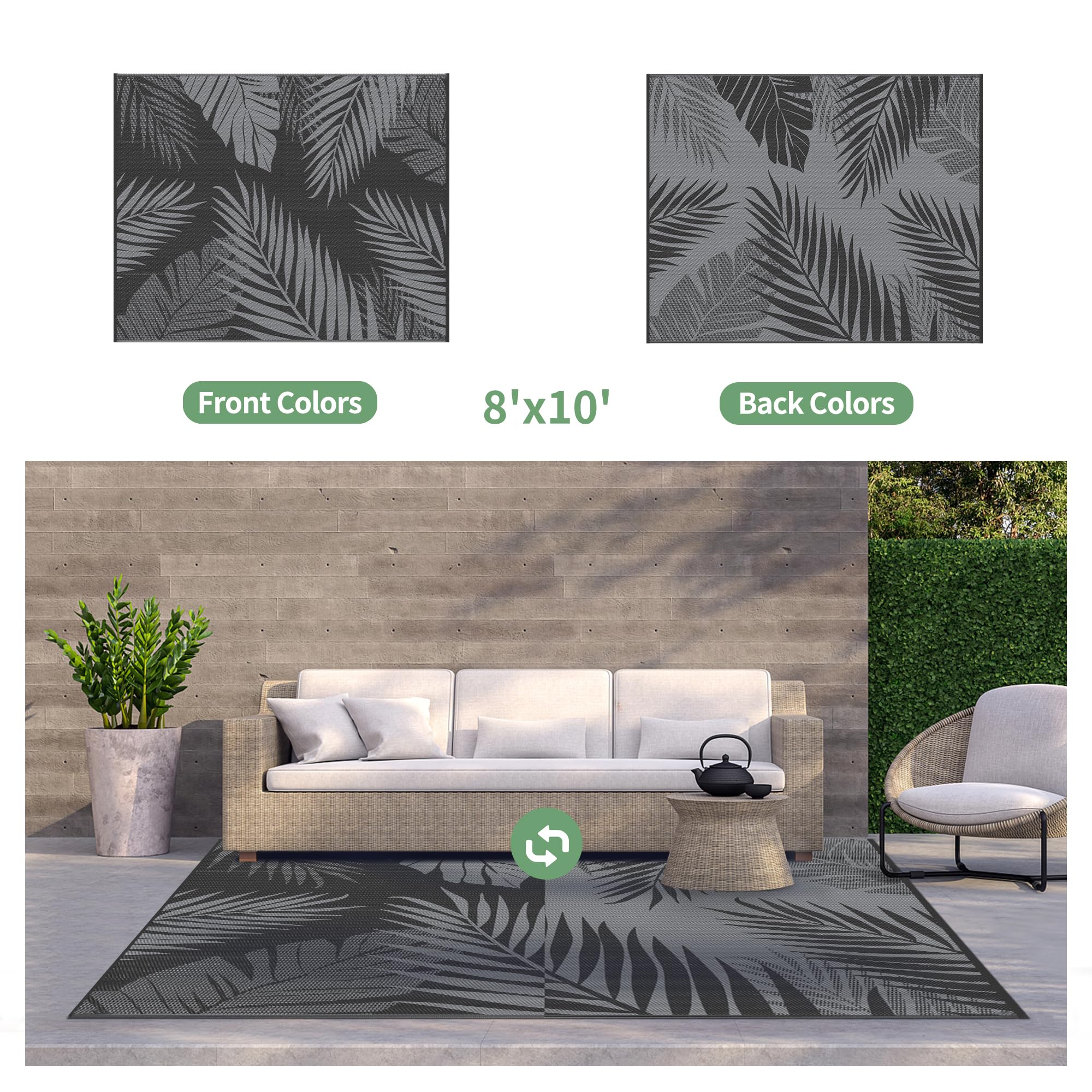 GENIMO Outdoor Rug 8'x10' side view showing double-sided pattern