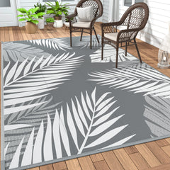 GENIMO Outdoor Rug 8'x16' grey and white palm leaf design front view