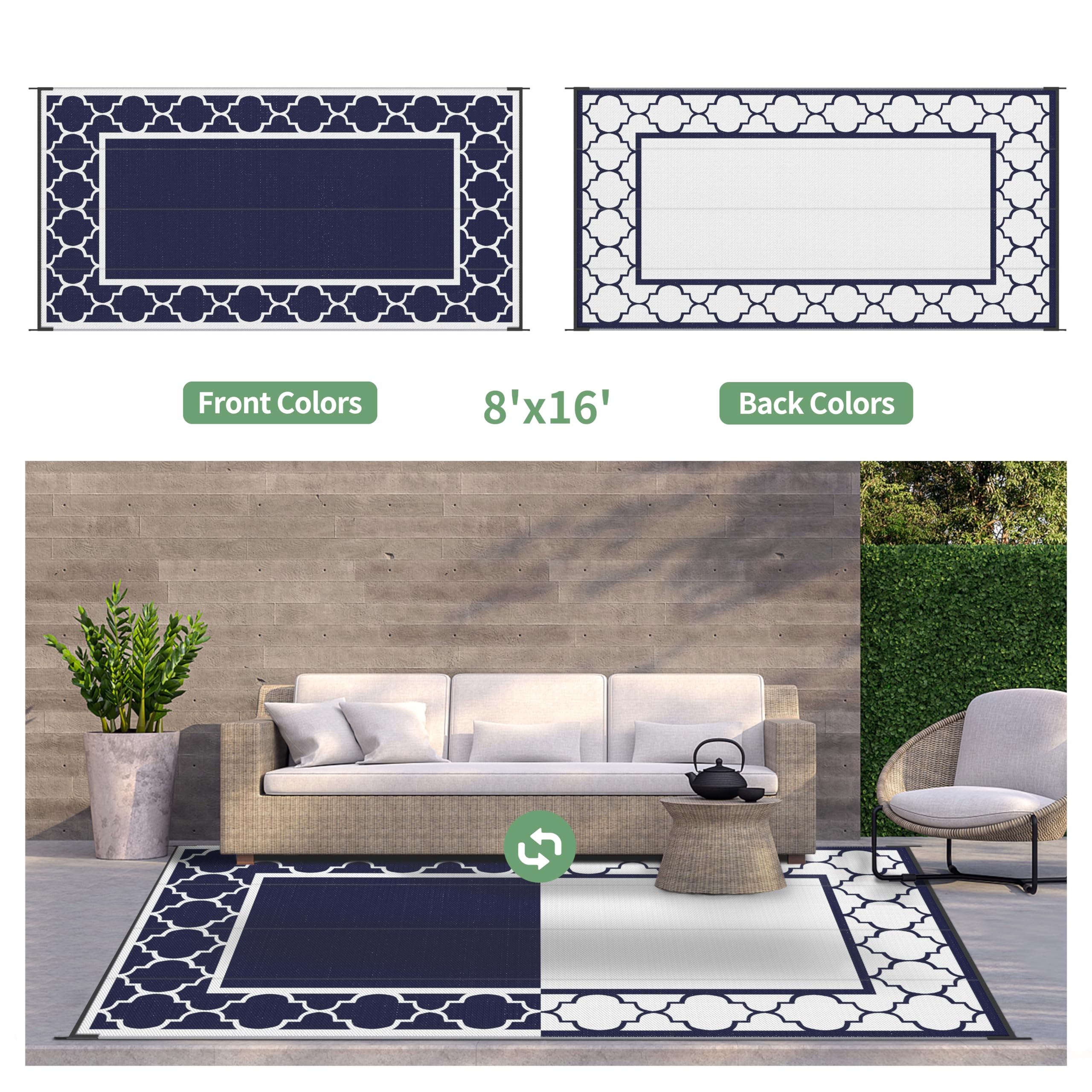 GENIMO Outdoor Rug 8'x16' laid out on grass during camping