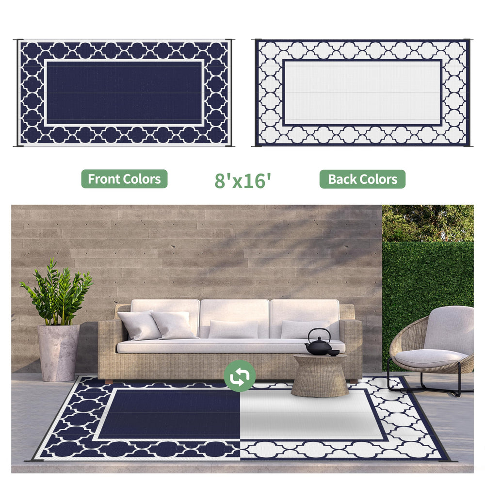 GENIMO Outdoor Rug 8'x16' laid out on grass during camping