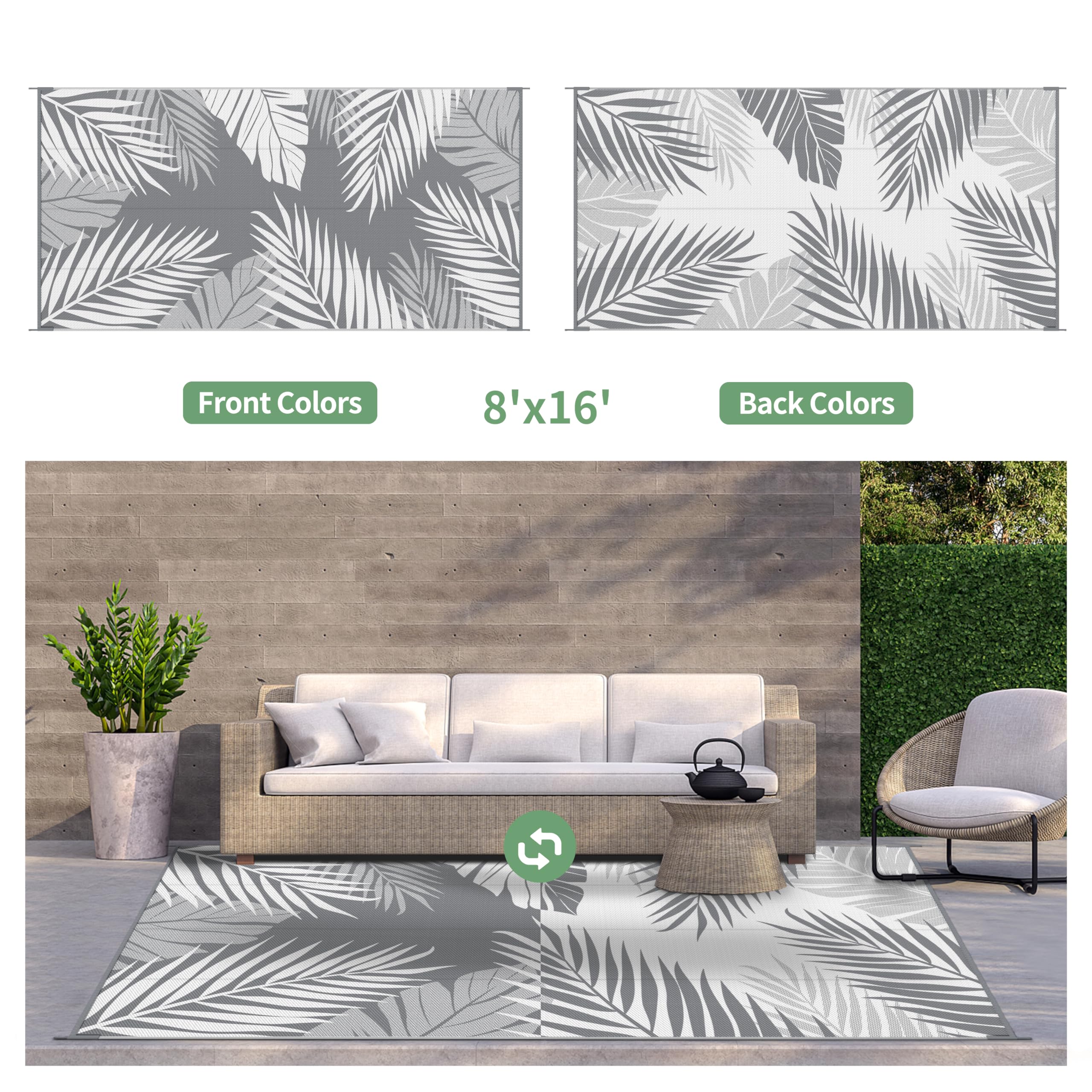 GENIMO Outdoor Rug 8'x16' showing double-sided pattern