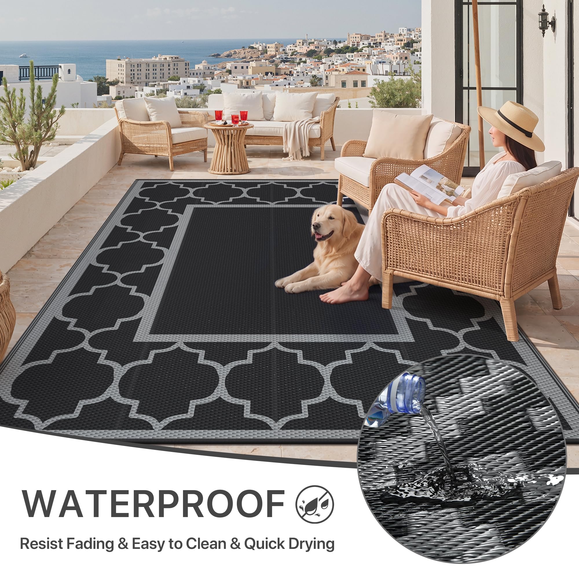 GENIMO outdoor rug 9'x12' black gray close-up of material