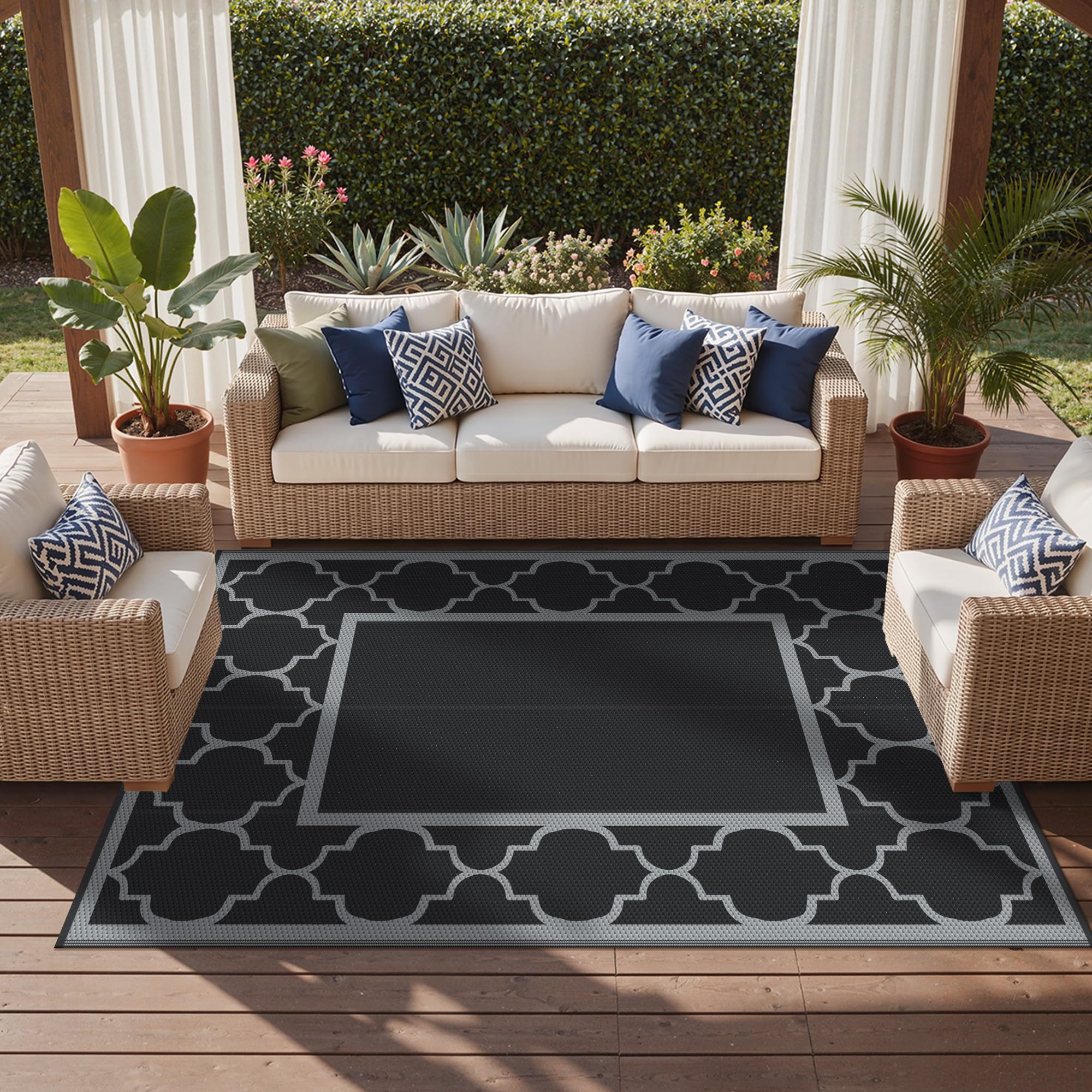 GENIMO outdoor rug 9'x12' black gray folded for transport
