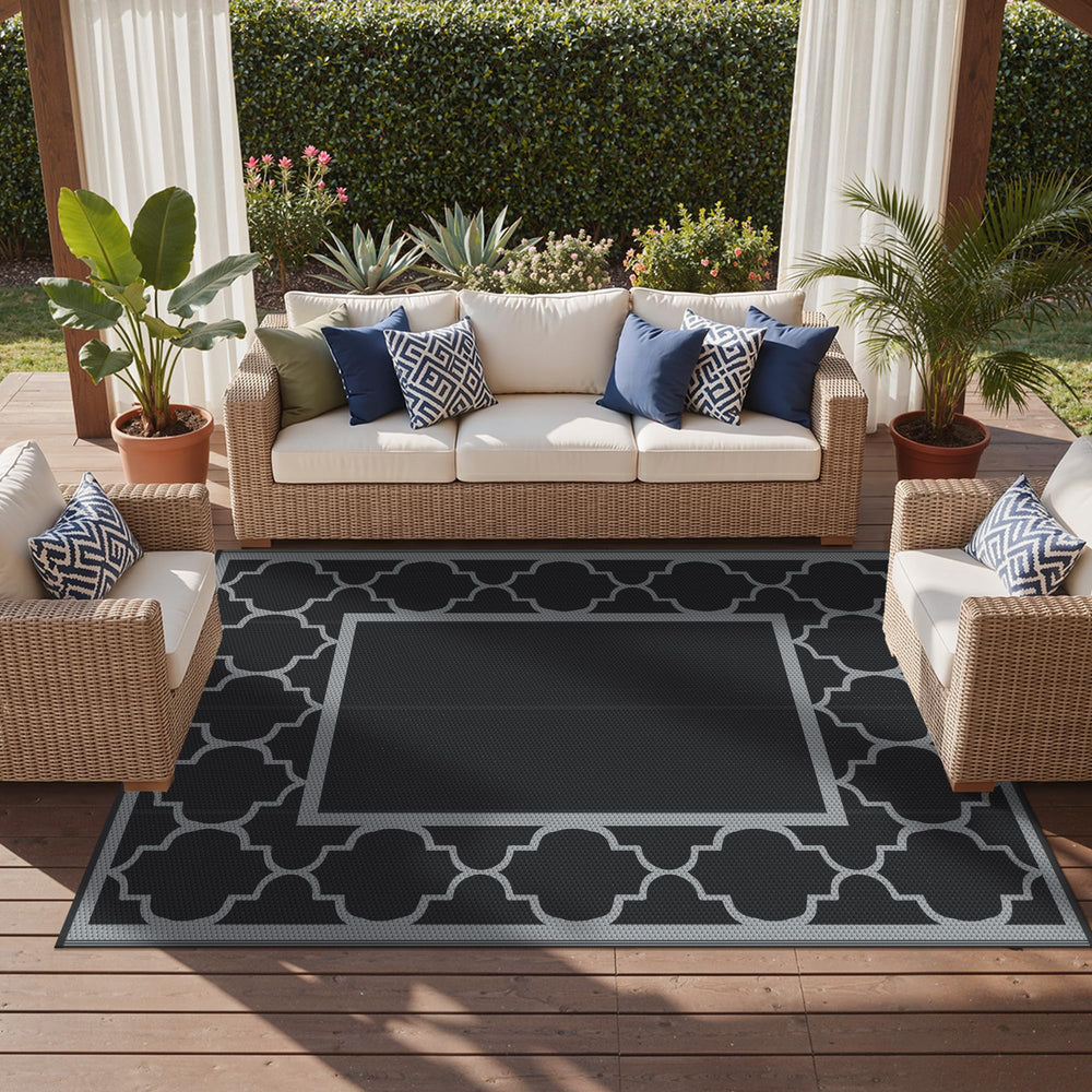 GENIMO outdoor rug 9'x12' black gray folded for transport