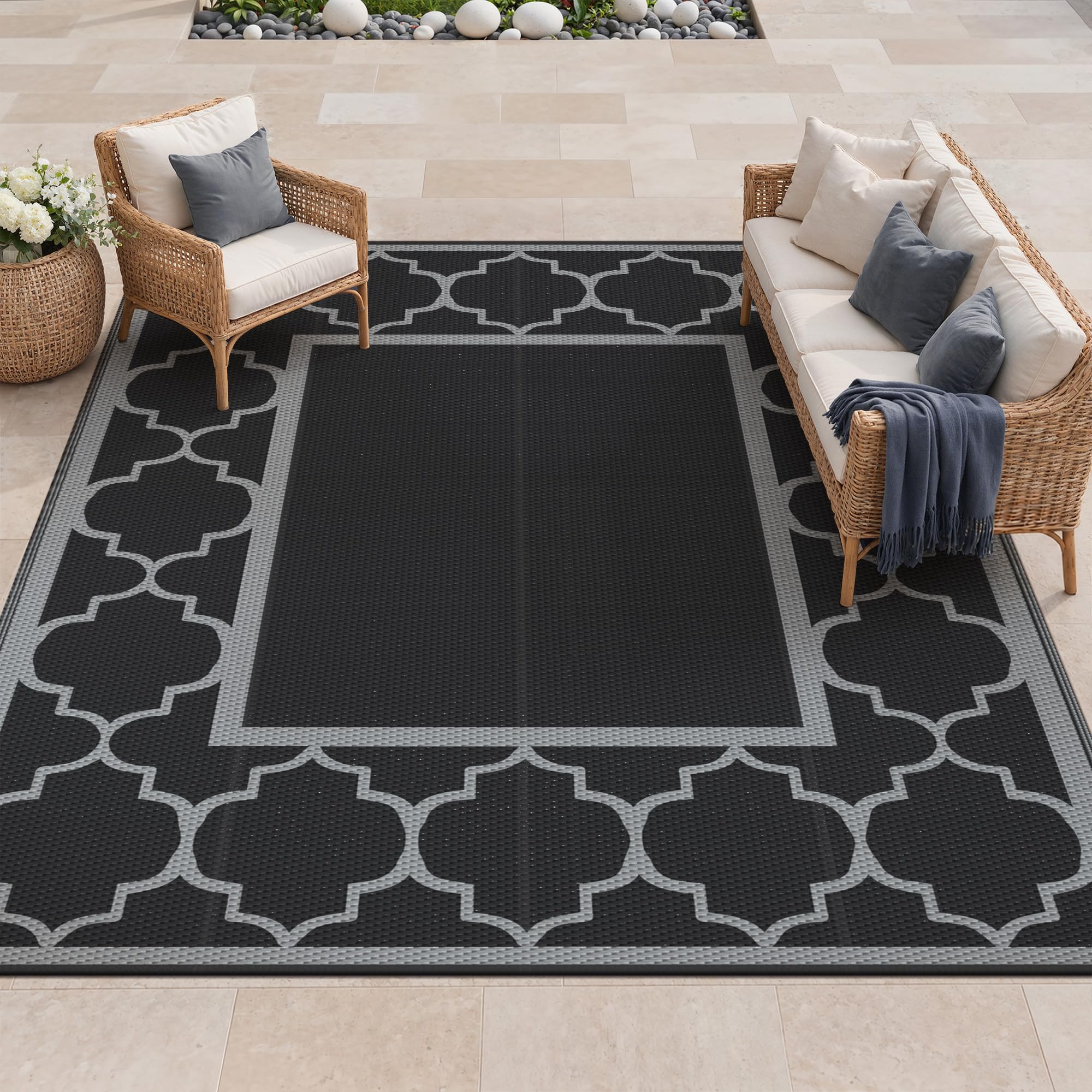 GENIMO outdoor rug 9'x12' black gray front view