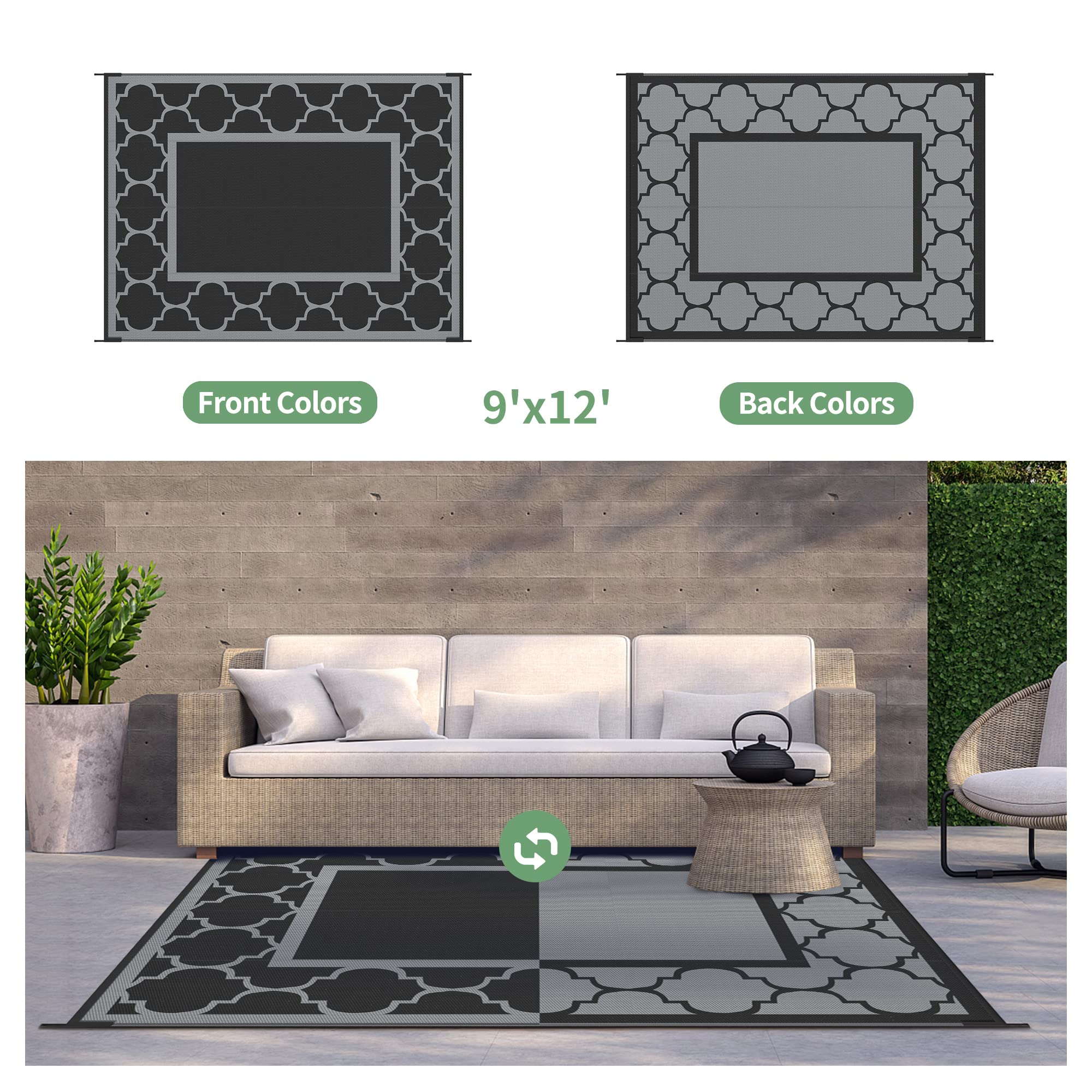 GENIMO outdoor rug 9'x12' black gray in outdoor setting