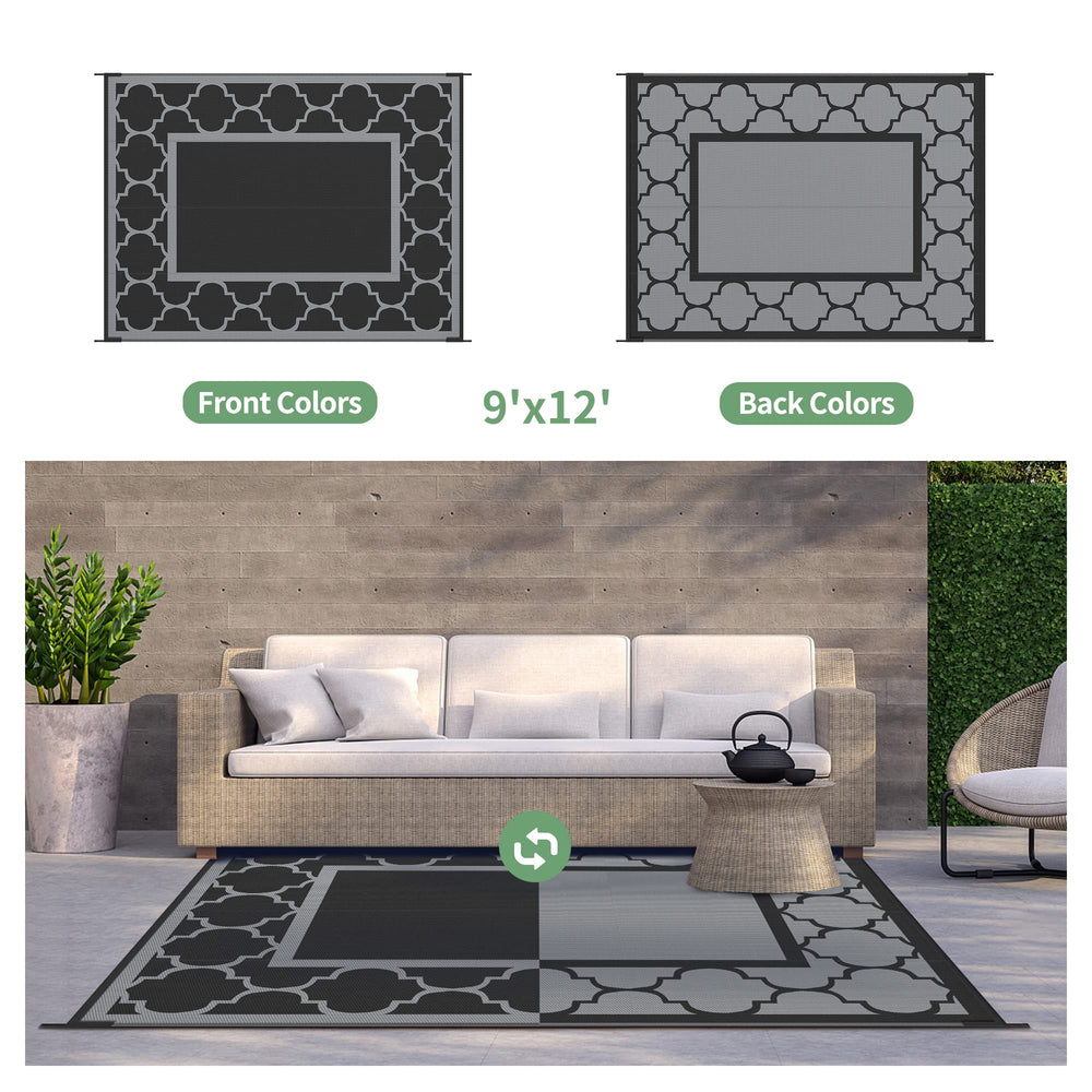 GENIMO outdoor rug 9'x12' black gray in outdoor setting