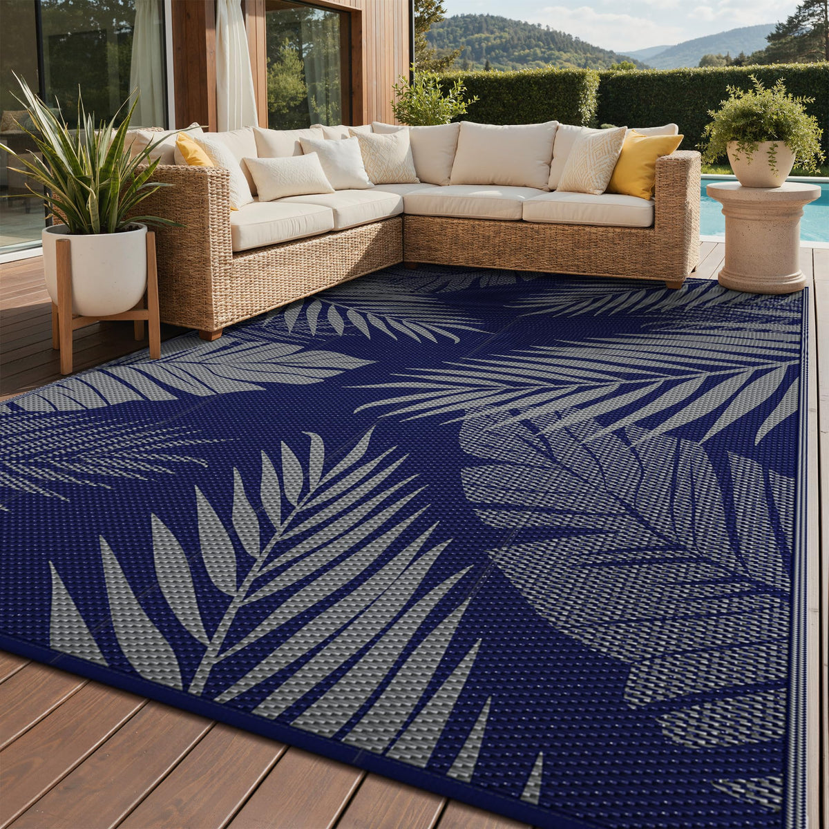 GENIMO Outdoor Rug 9'x12' blue and grey palm leaf design front view