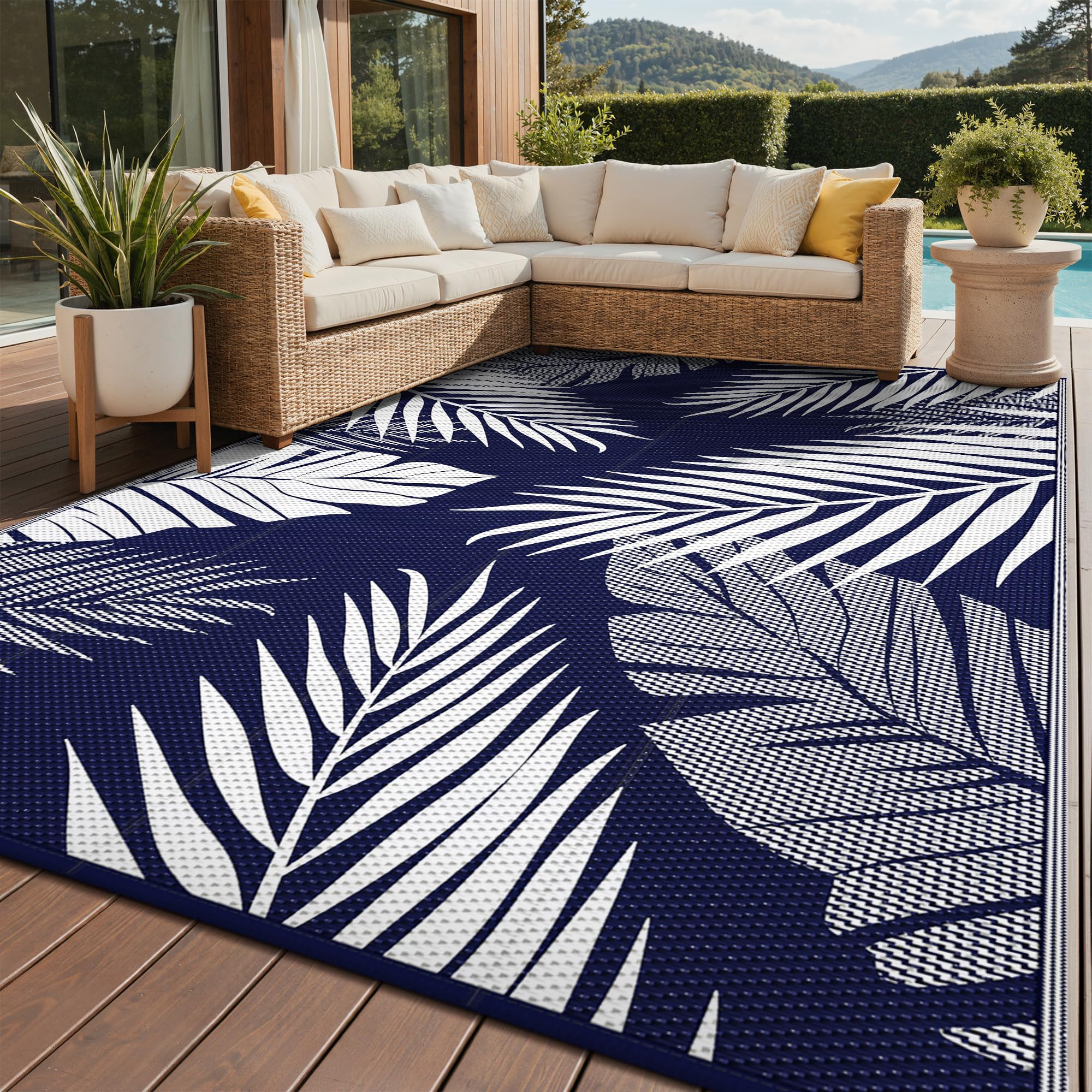 GENIMO Outdoor Rug 9'x12' blue and white palm leaf design front view