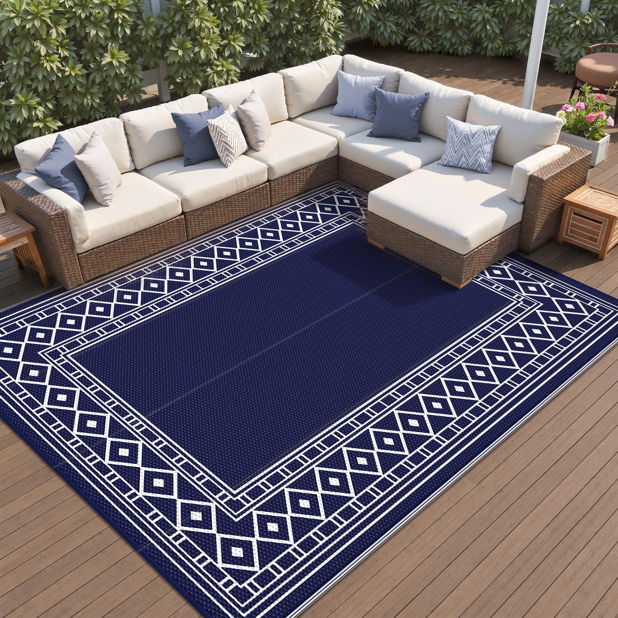 GENIMO Outdoor Rug 9'x12' blue white geometric design front view