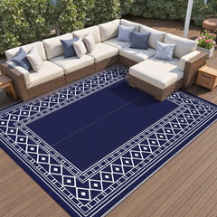 GENIMO Outdoor Rug 9'x12' blue white geometric design front view