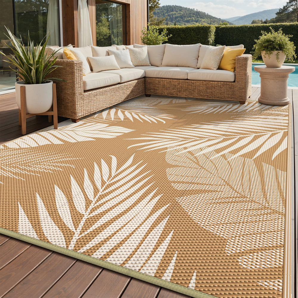 GENIMO Outdoor Rug 9'x12' brown beige palm leaf design front view
