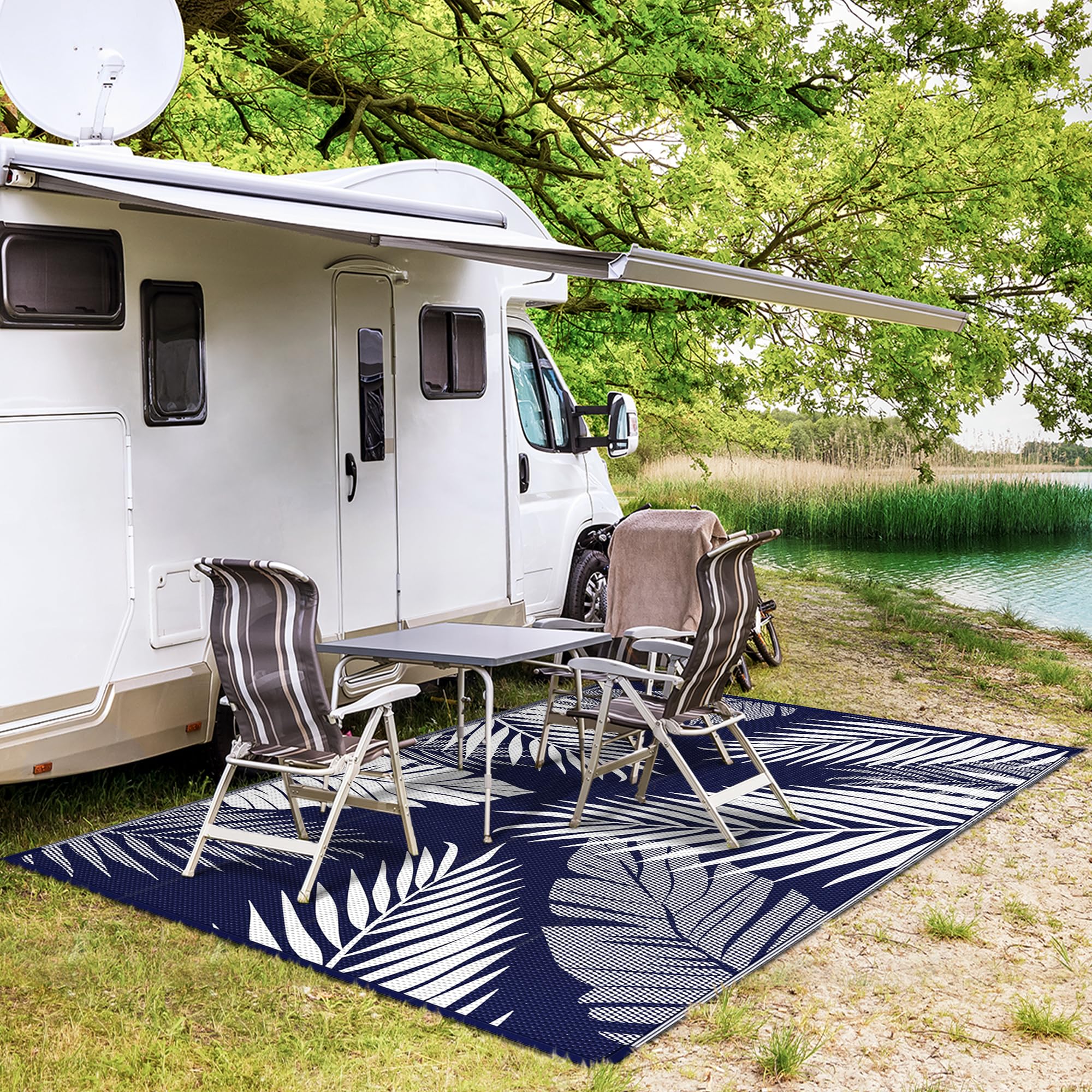 GENIMO Outdoor Rug 9'x12' in a camping setup