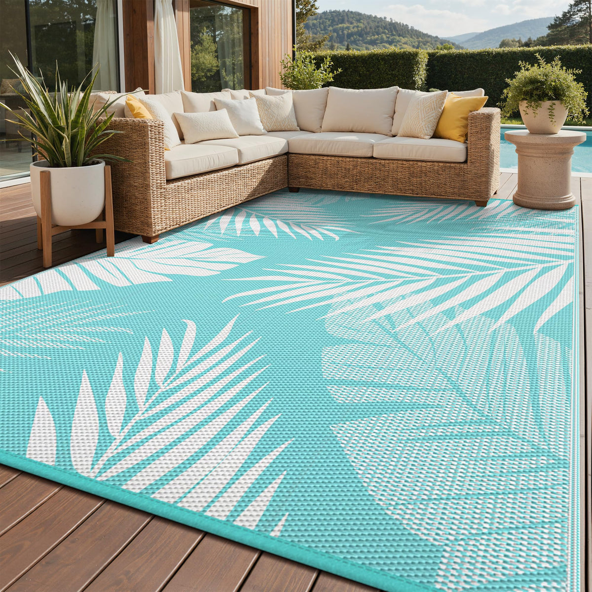 GENIMO Outdoor Rug 9'x12' navy white with palm leaf design