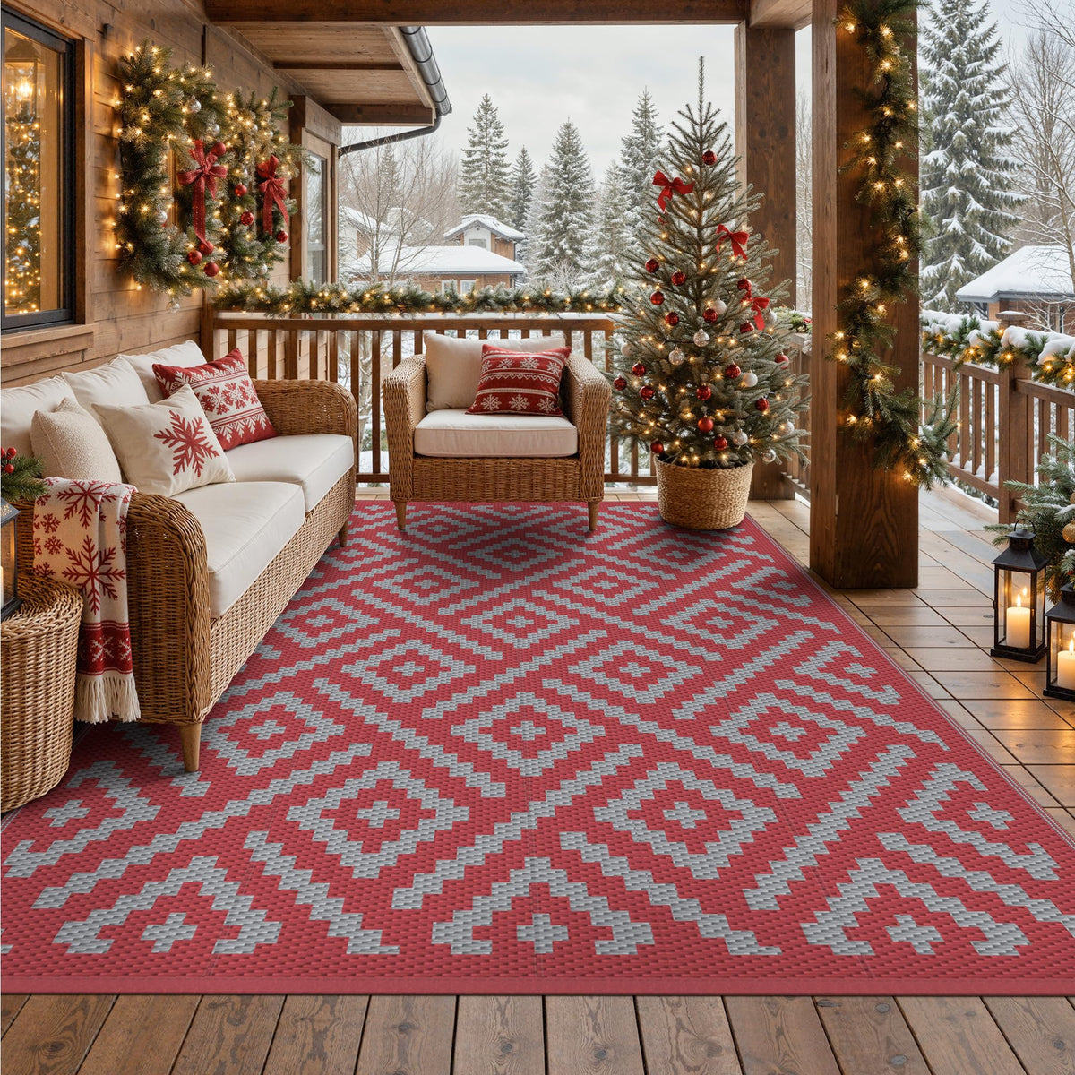 GENIMO Outdoor Rug 9'x12' Red Grey front view