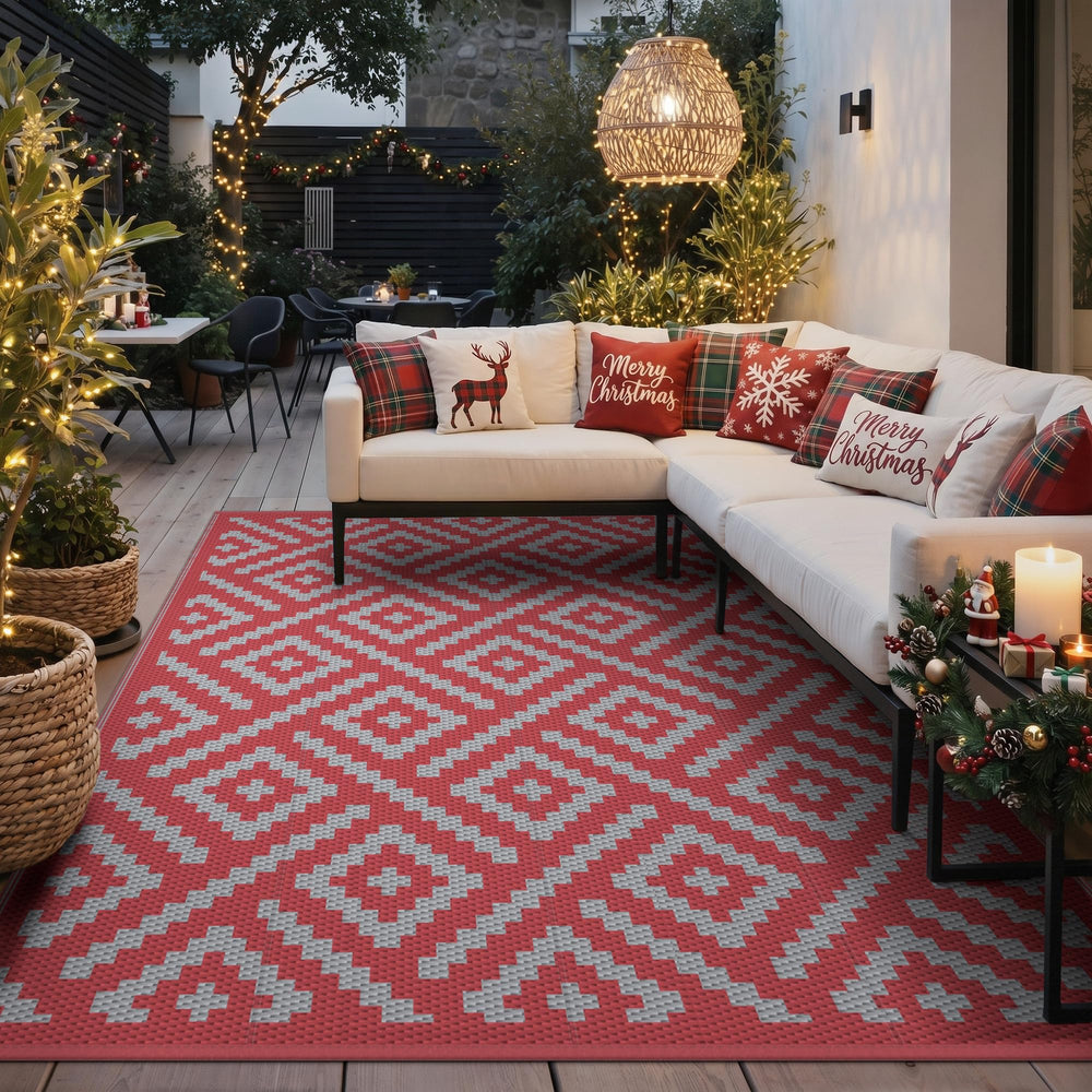 GENIMO Outdoor Rug 9'x12' Red Grey in camping setup