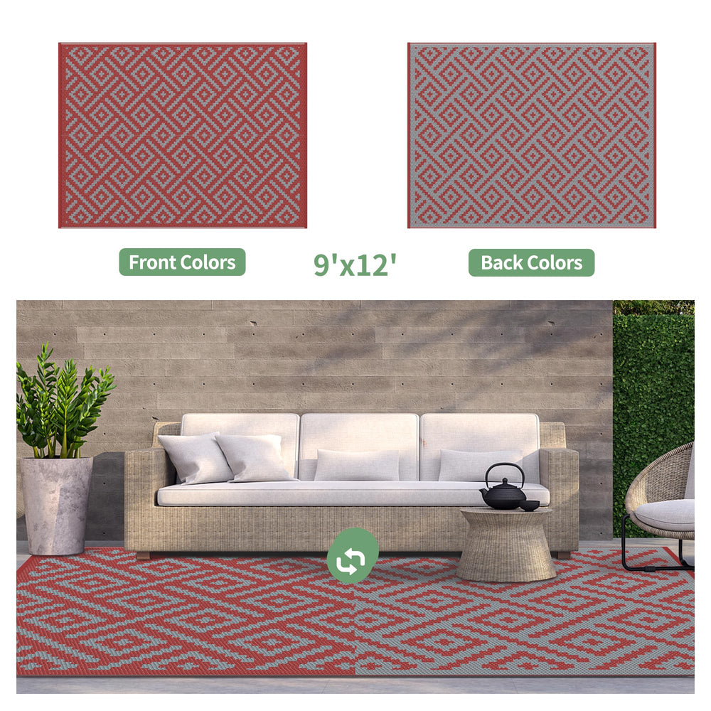 GENIMO Outdoor Rug 9'x12' Red Grey in garden setting