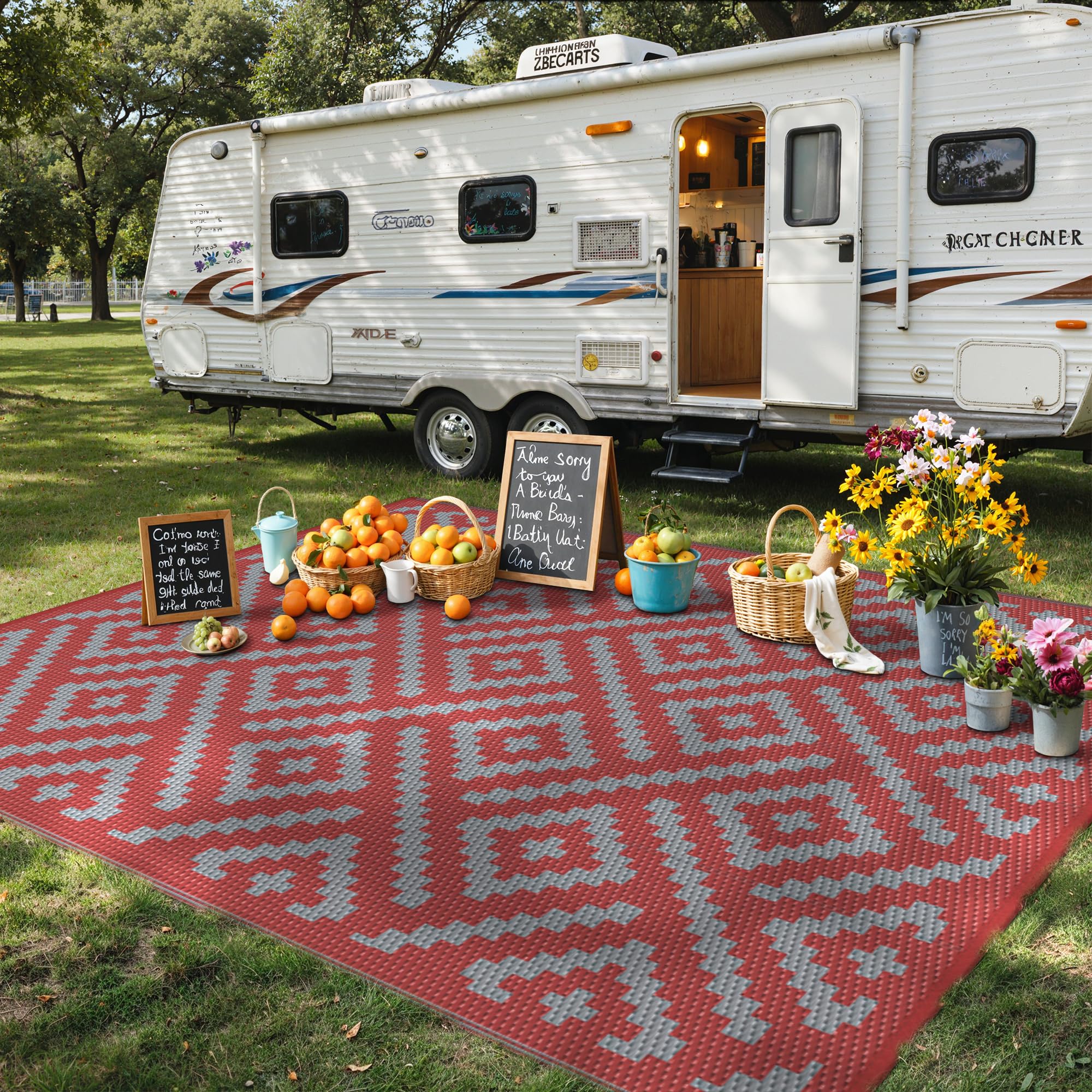 GENIMO Outdoor Rug 9'x12' Red Grey rolled up with carry bag