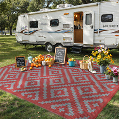 GENIMO Outdoor Rug 9'x12' Red Grey rolled up with carry bag