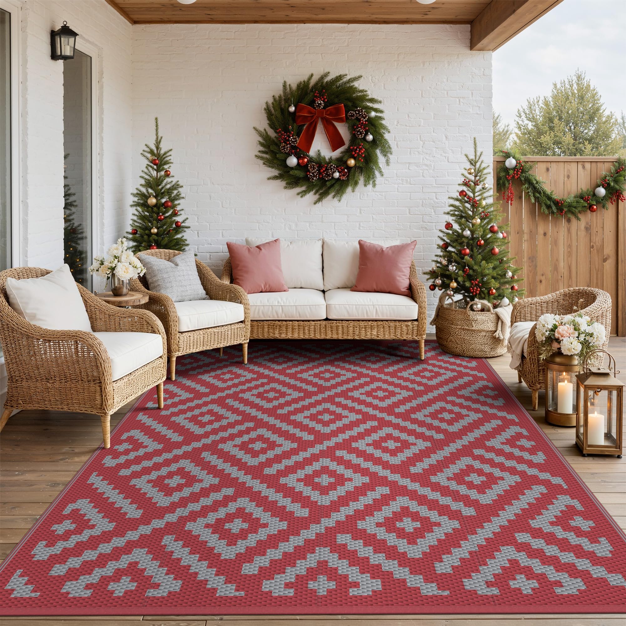 GENIMO Outdoor Rug 9'x12' Red Grey with geometric pattern