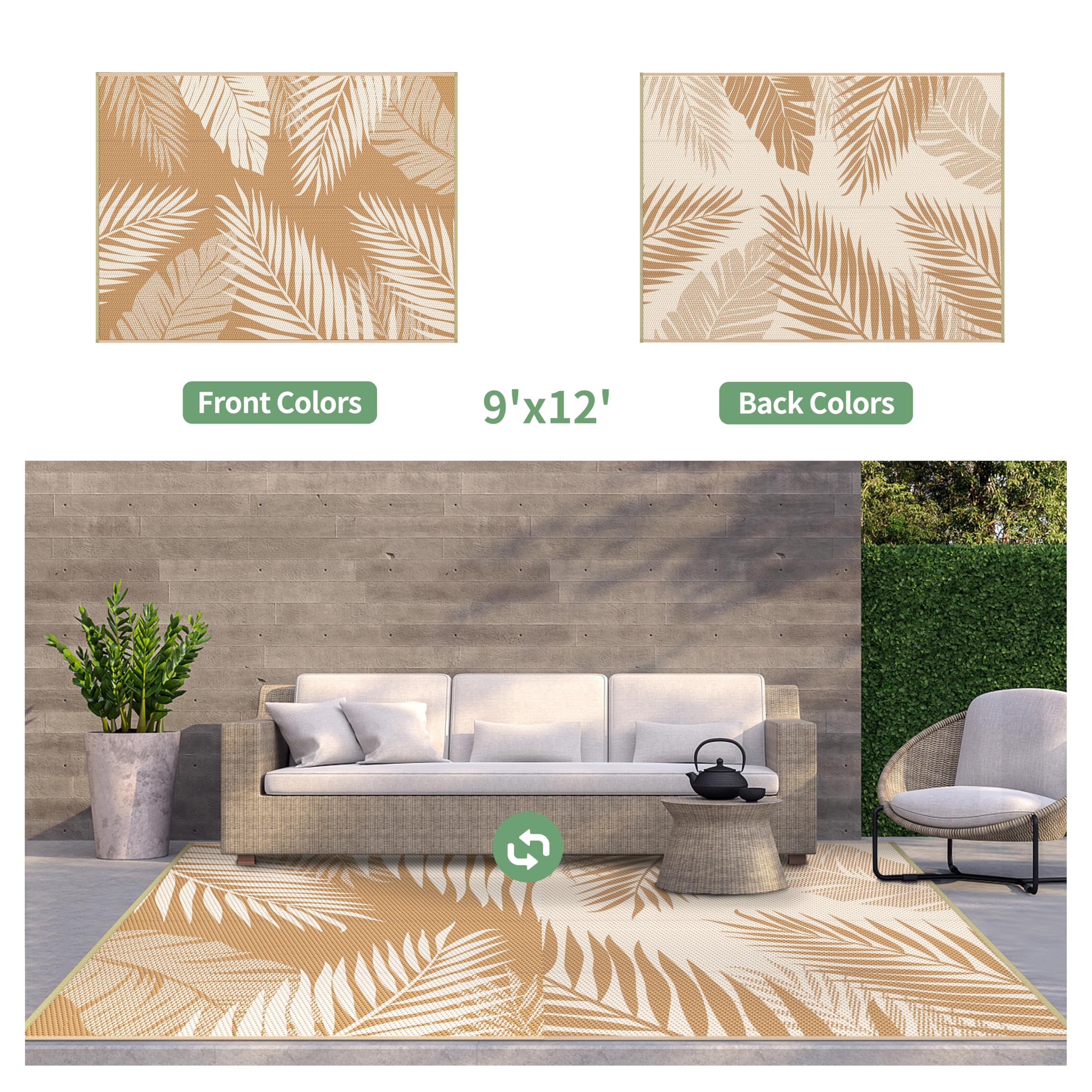 GENIMO Outdoor Rug 9'x12' reverse side with palm leaf pattern