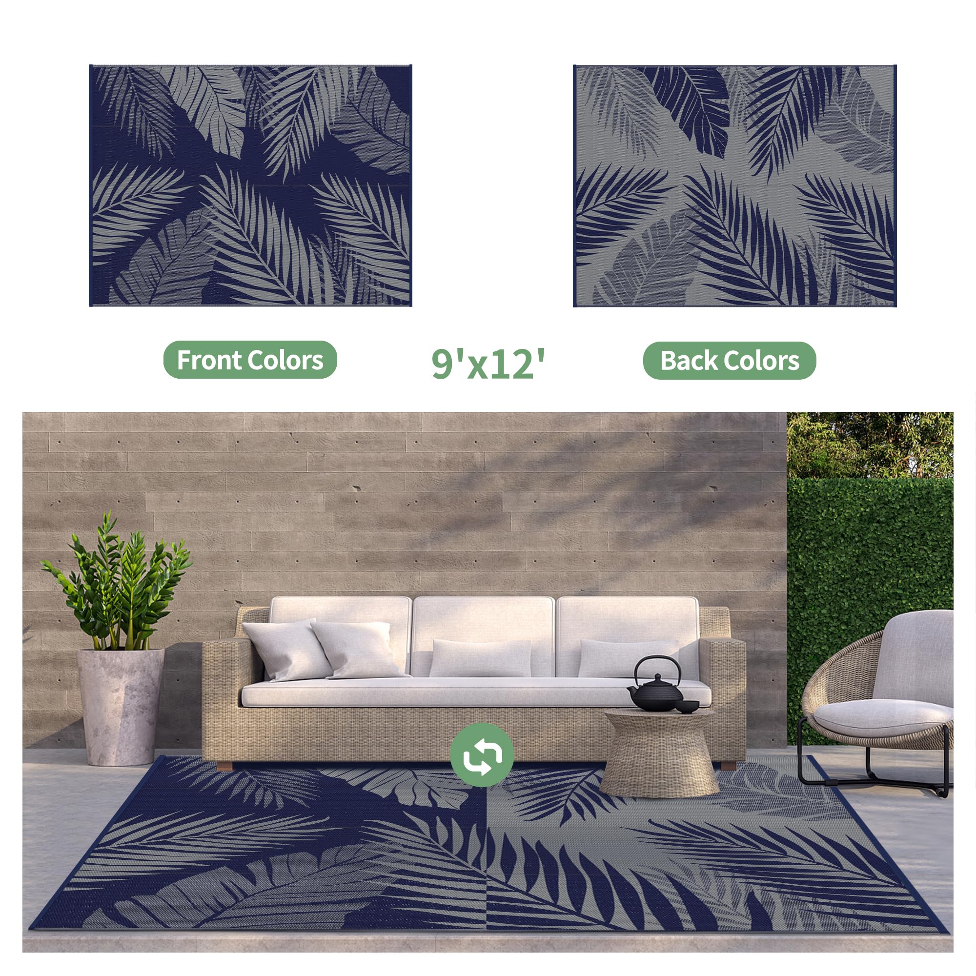 GENIMO Outdoor Rug 9'x12' side view showing double-sided pattern