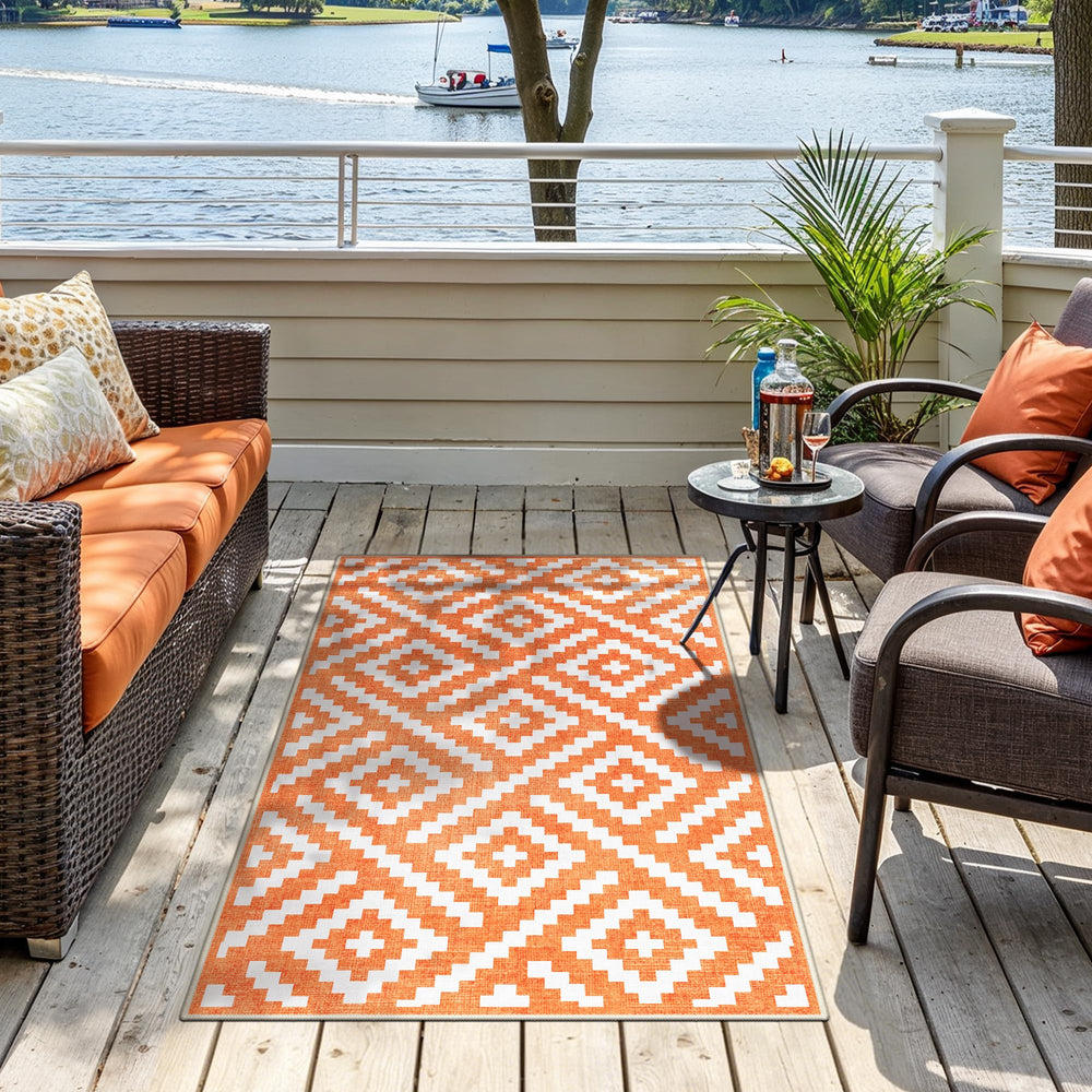 GENIMO outdoor rug displayed in a living room setting