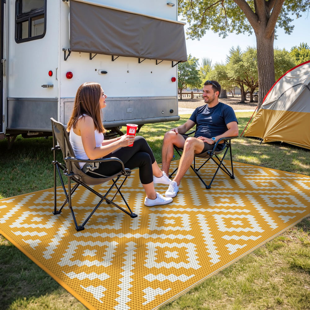 GENIMO outdoor rug in a camping scenario, highlighting portability