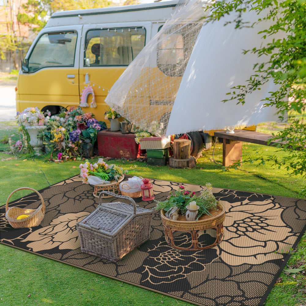 GENIMO Outdoor Rug laid out on a patio