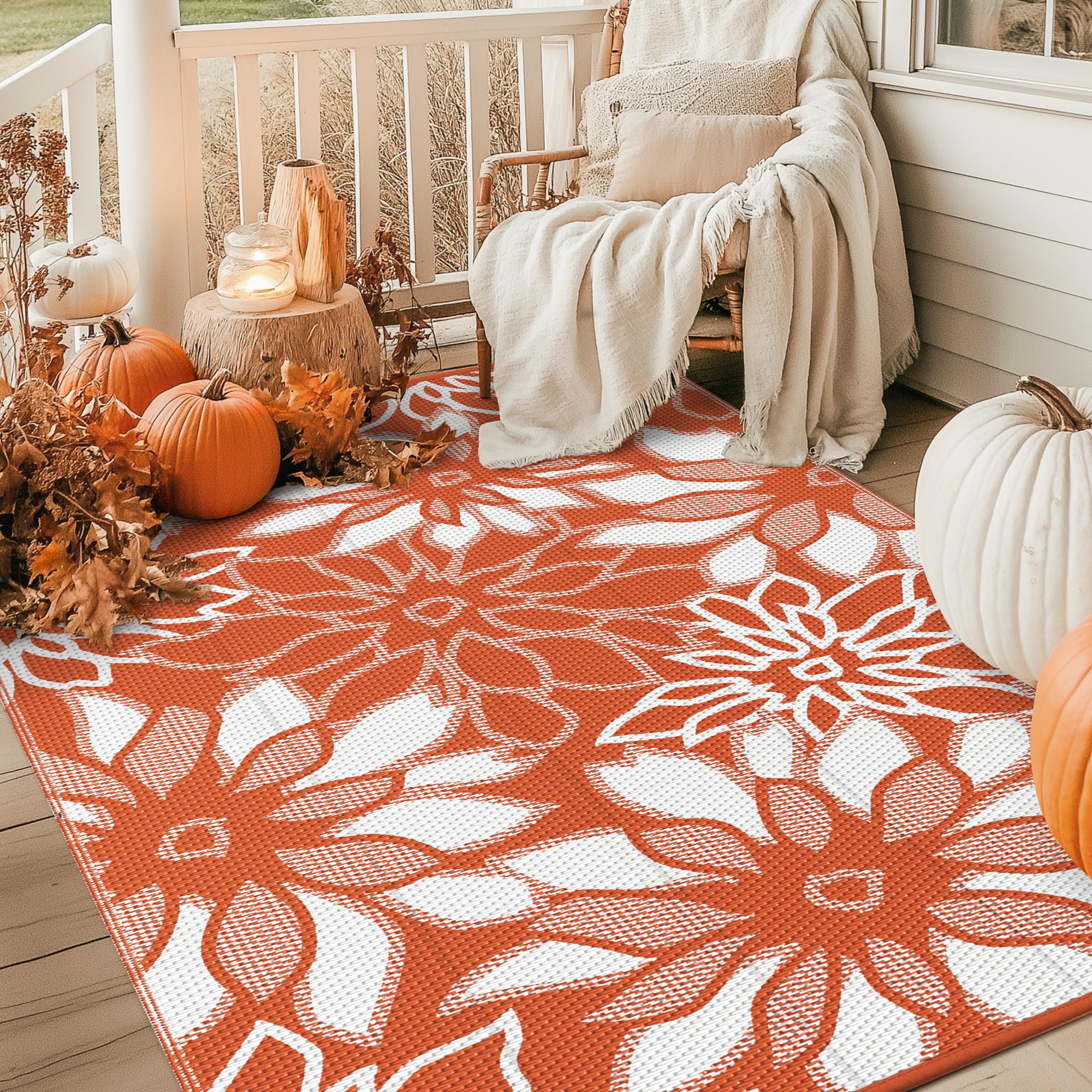 GENIMO Outdoor Rug laid out on a patio setting