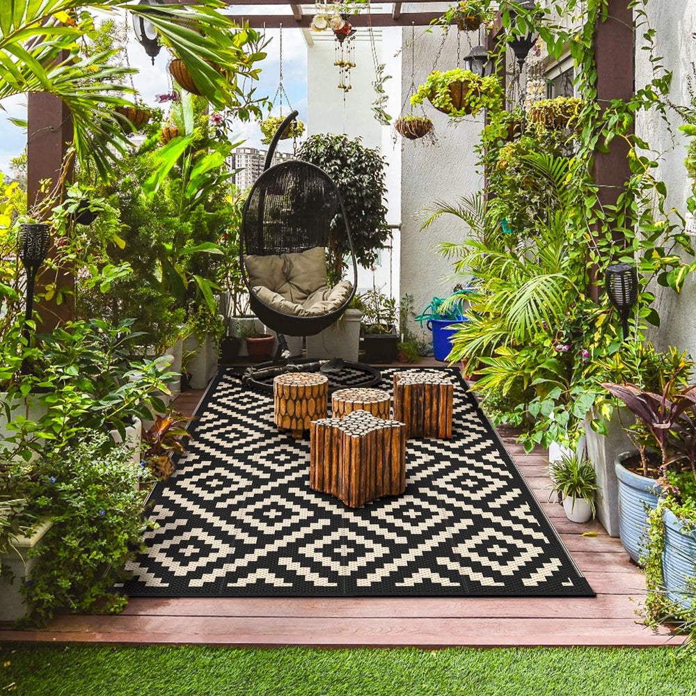 GENIMO outdoor rug laid out on patio setting