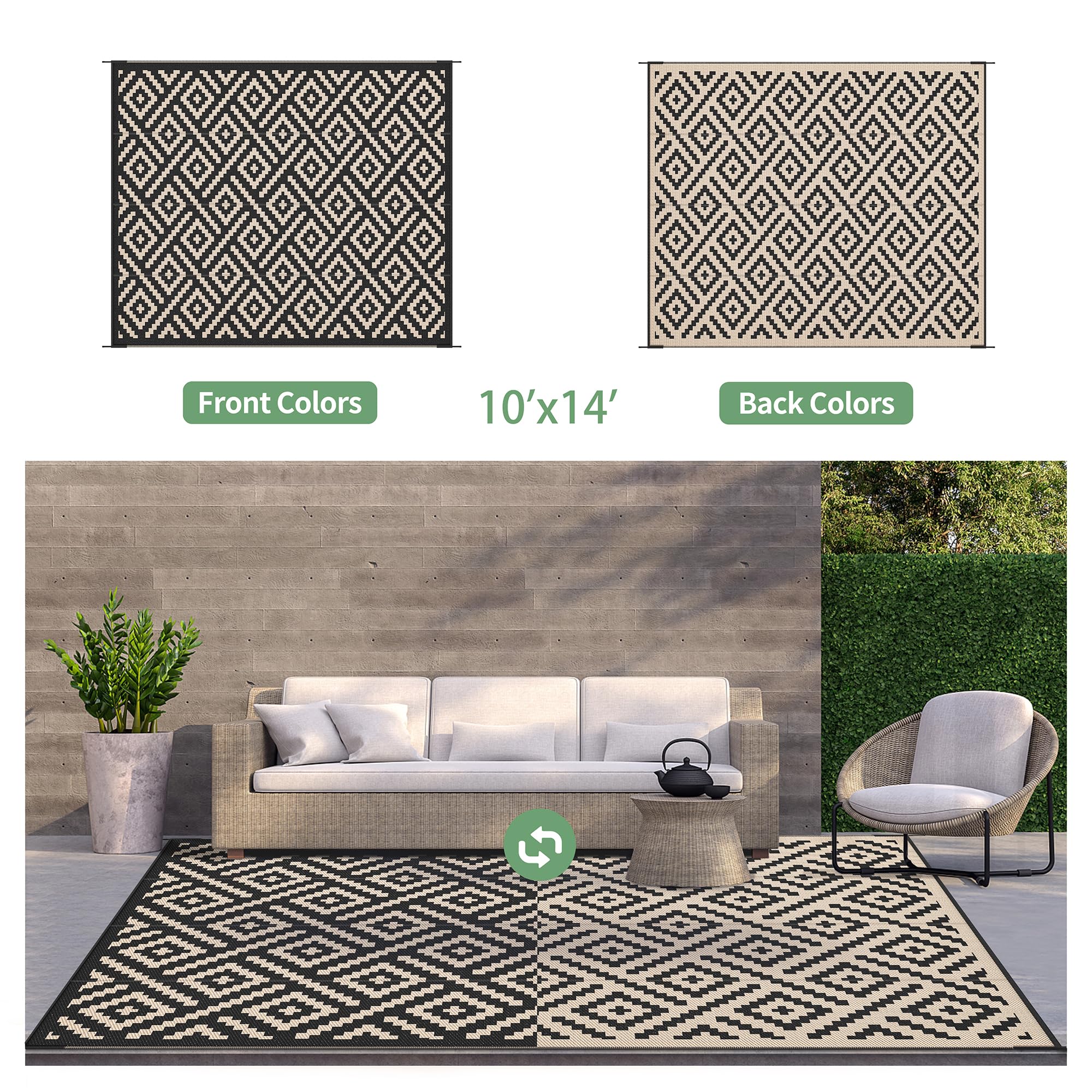 GENIMO outdoor rug laid out on patio with furniture