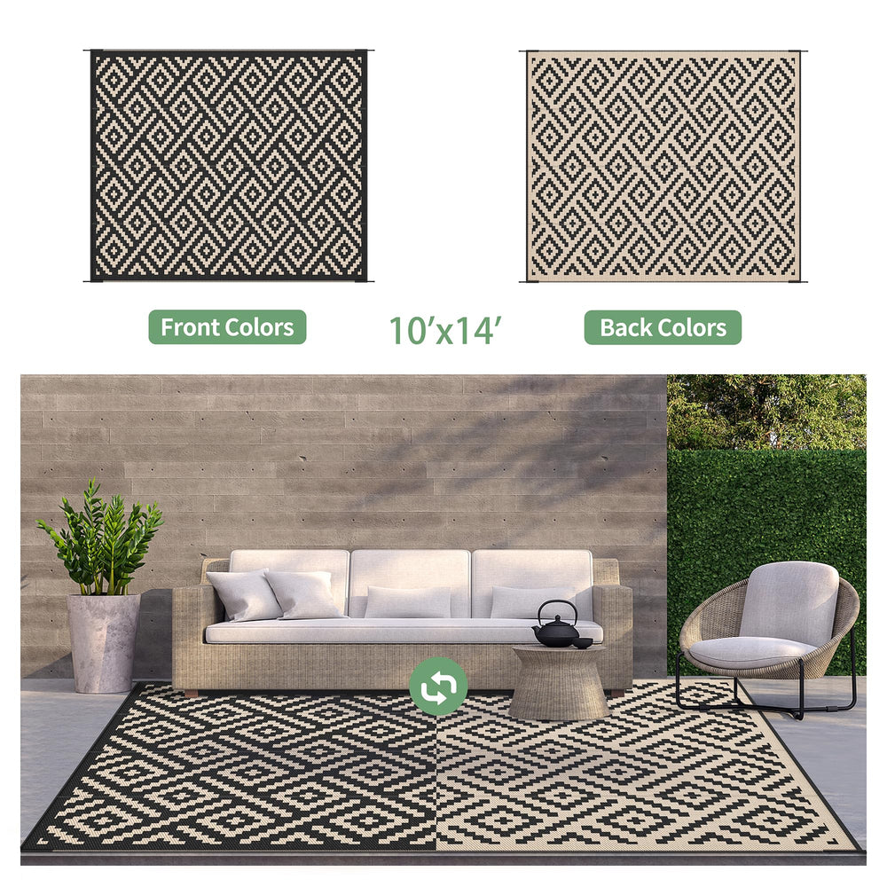 GENIMO outdoor rug laid out on patio with furniture