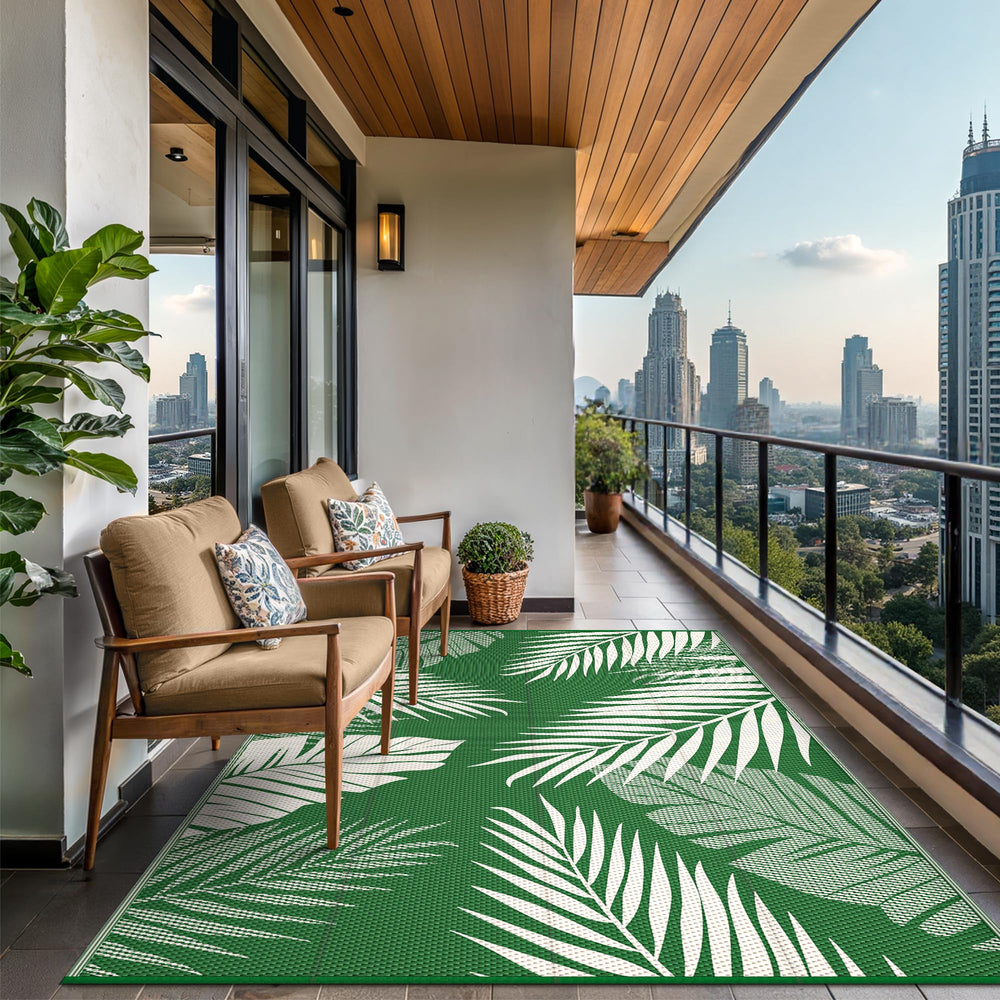 GENIMO Outdoor Rug laid out on patio with outdoor furniture